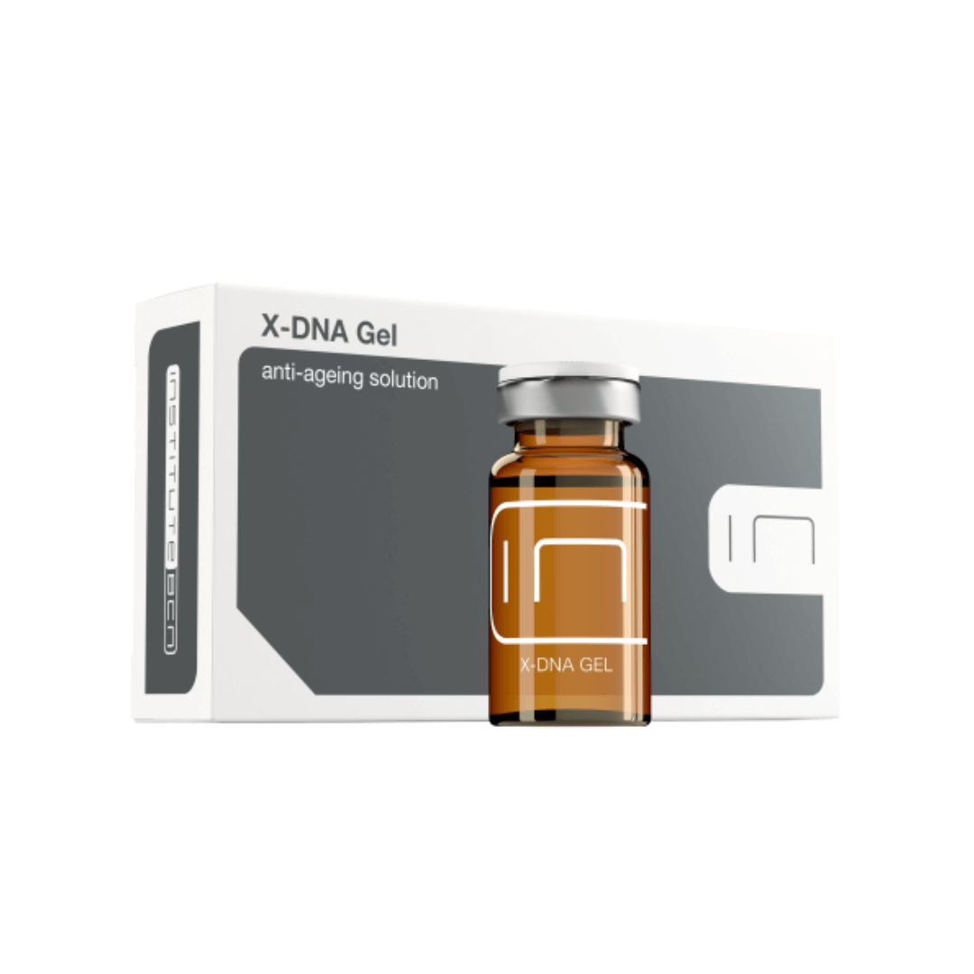 BCN X-DNA Gel anti-ageing solution packaging, featuring a box with five 2.5ml vials, restores cells, combats collagen destruction, and improves skin conditions.