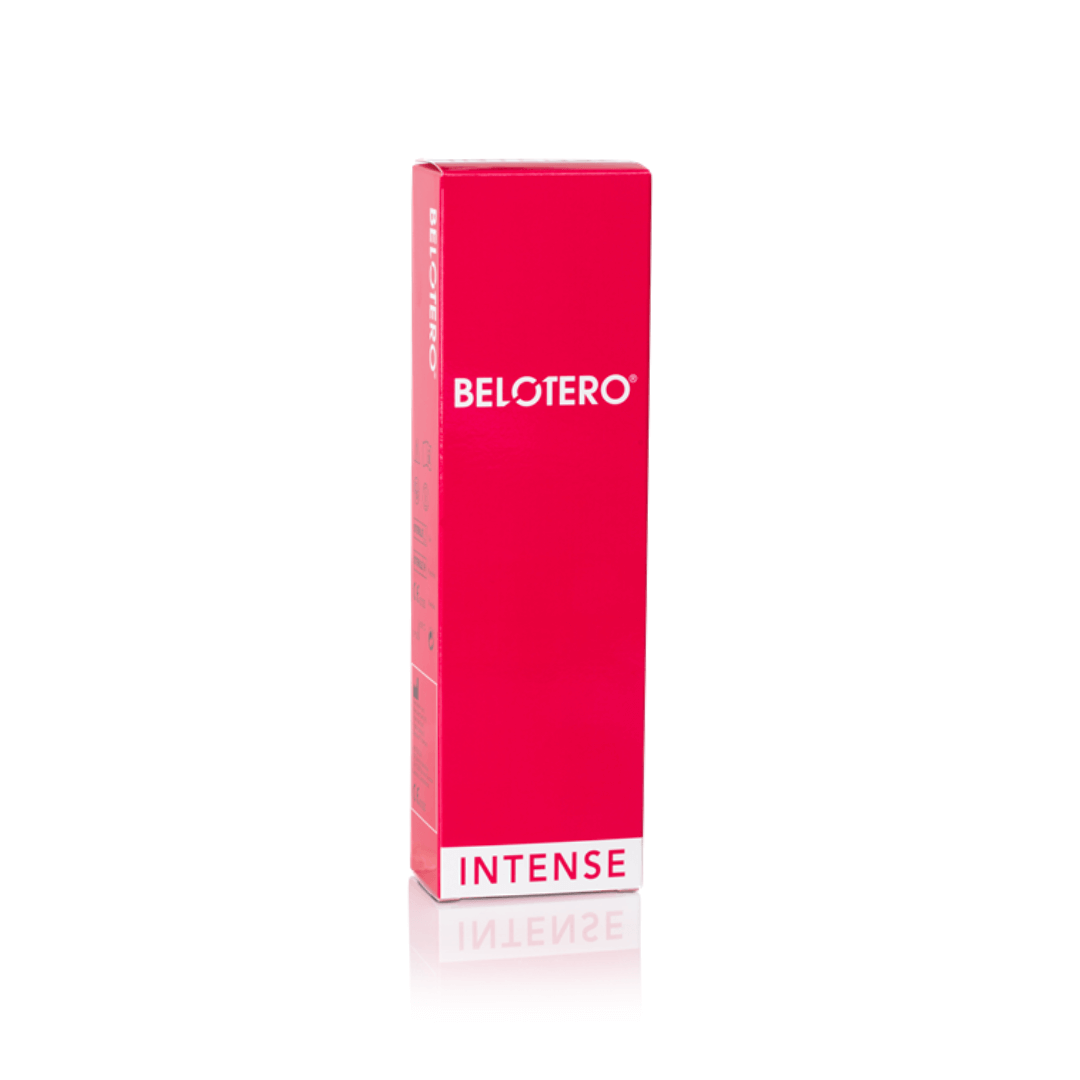 Belotero Intense Lidocaine 1ml syringe packaging, bright red box with white text, corrects fine to deep lines, adds volume, contains lidocaine for comfort during injections.