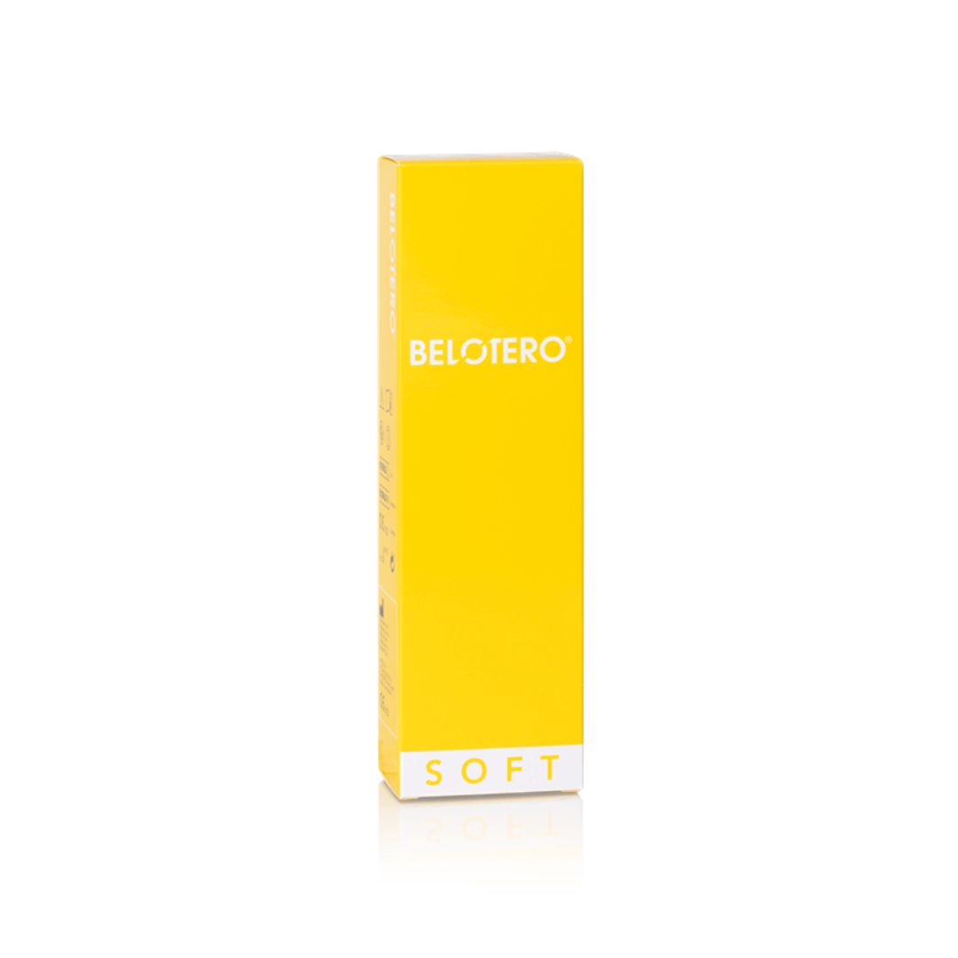 Yellow box of Belotero Soft 1ML for correcting fine lines and wrinkles with a syringe and needles included.