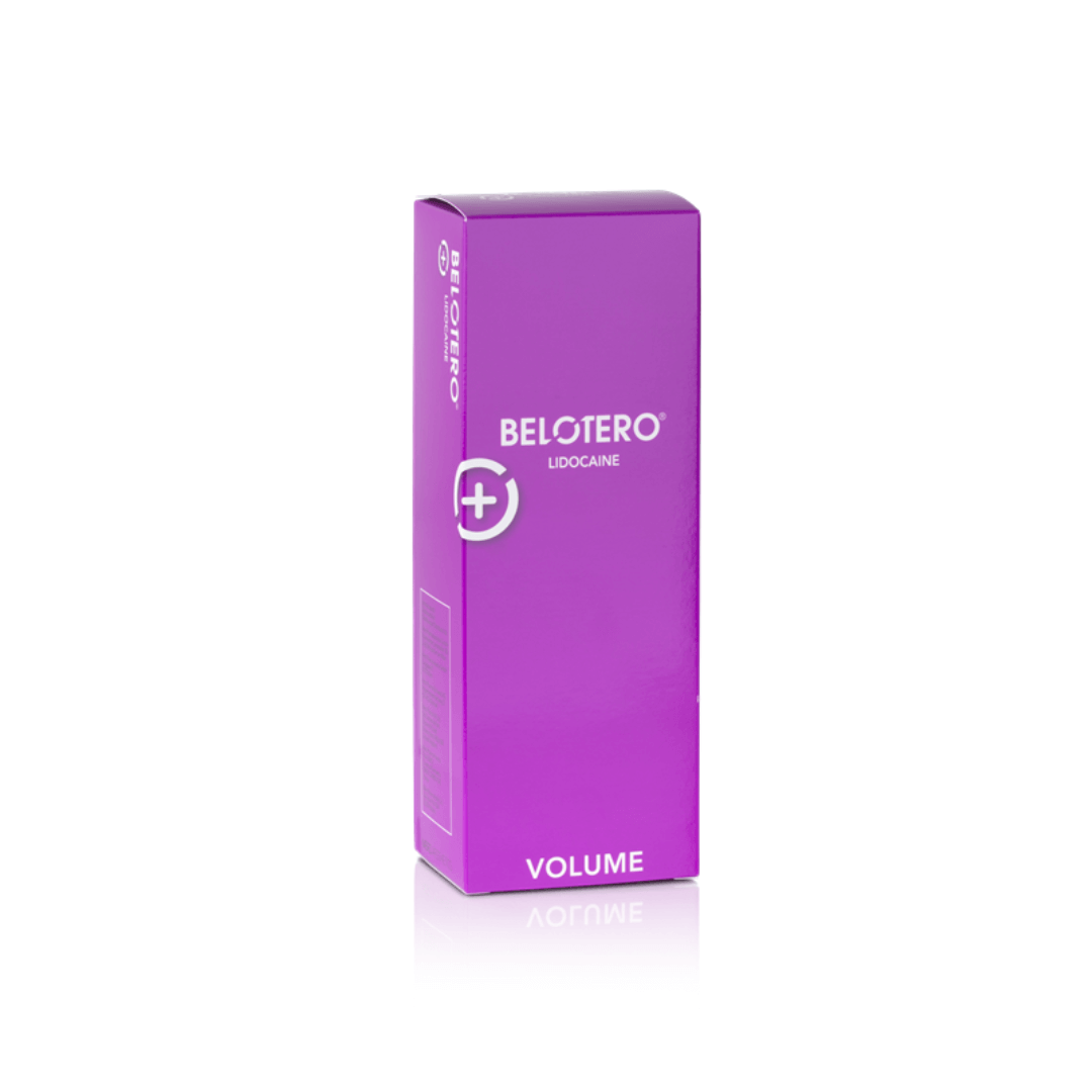 Purple box of Belotero Volume Lidocaine 2 x 1ML for restoring facial volume and smoothing out wrinkles.