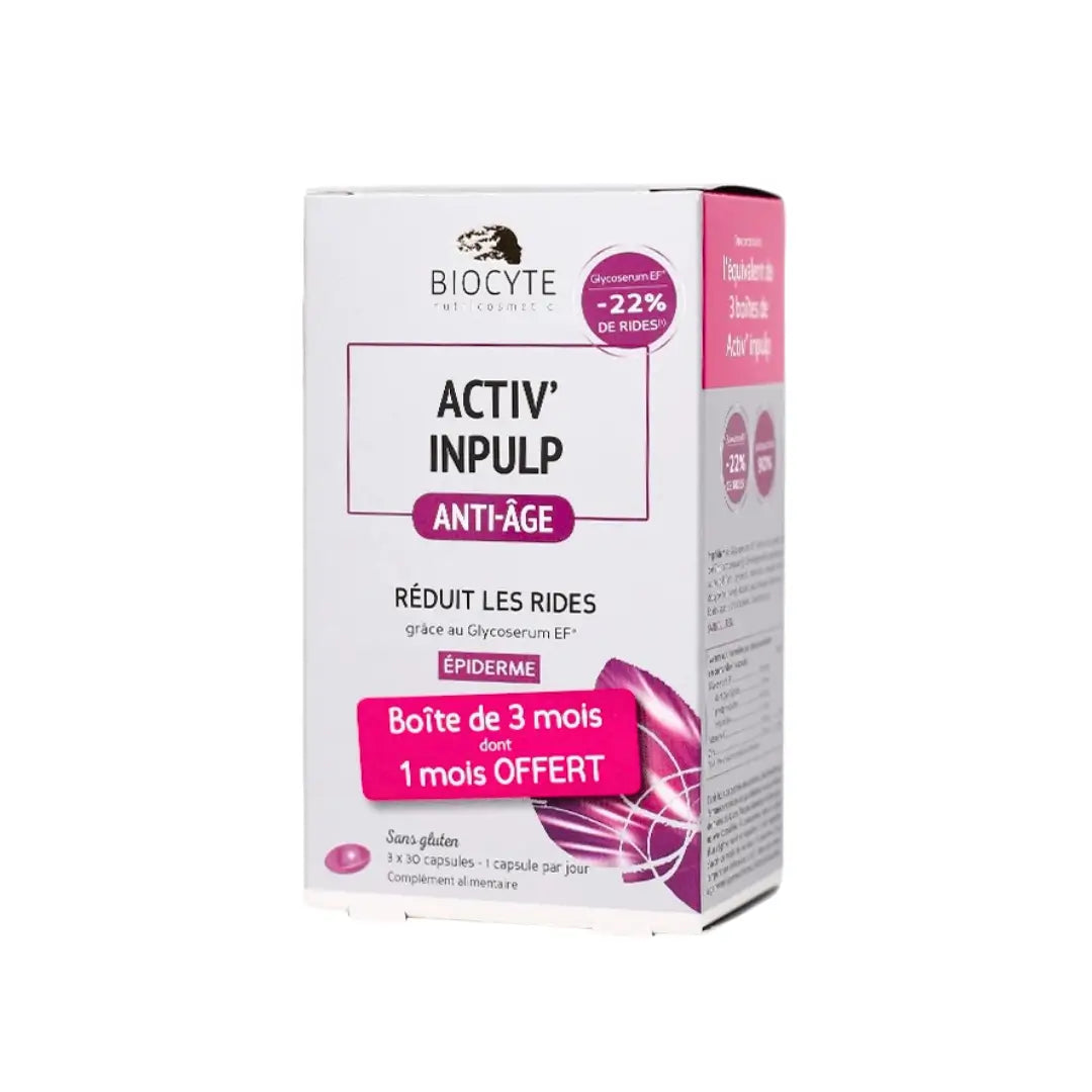 Biocyte Activ Anti Rides Anti-Aging Capsules box promoting reduced wrinkles and nourished skin with 3 months' supply.