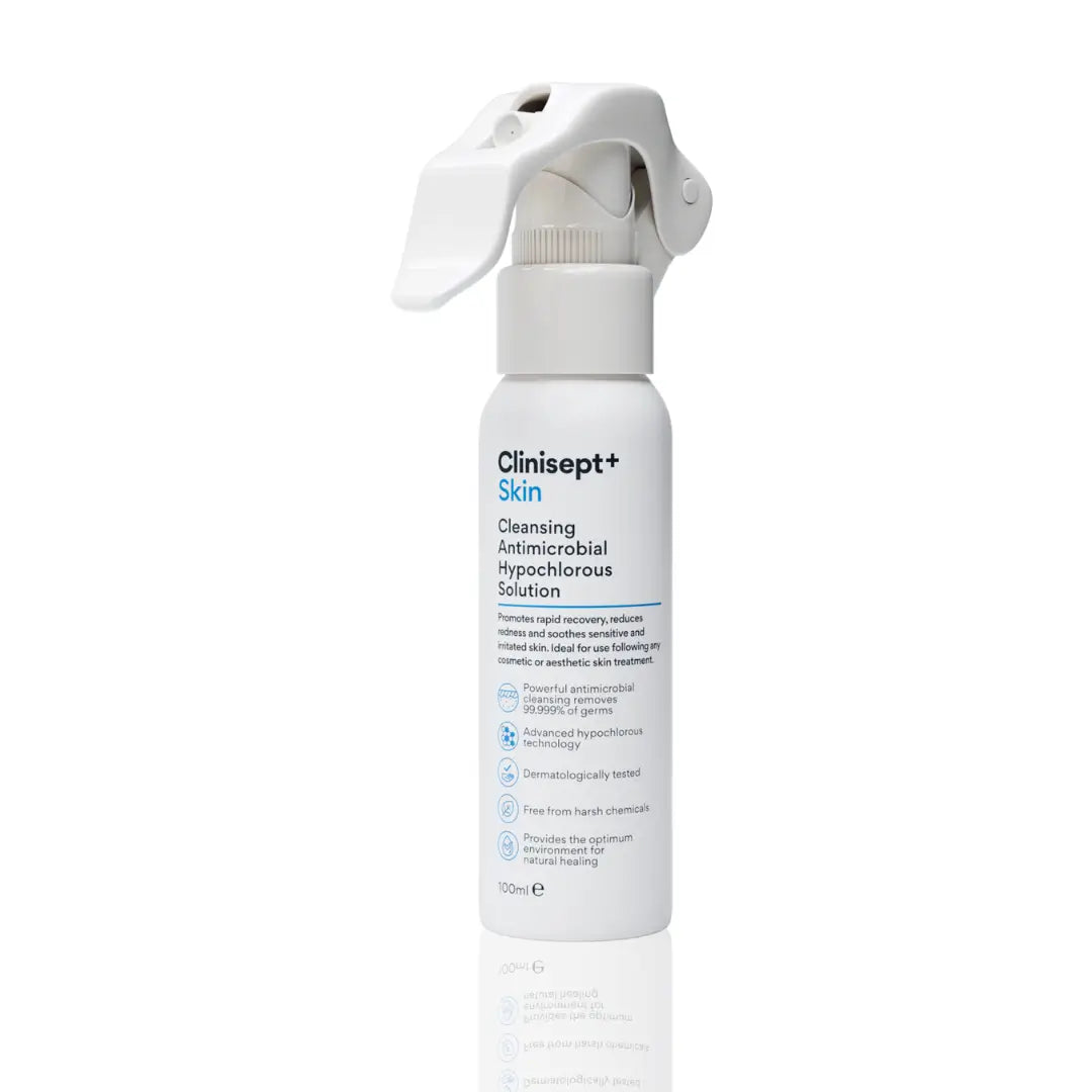 Clinisept+ Skin spray bottle, 100ml size, showcasing its cleansing antimicrobial hypochlorous solution for sensitive skin, ideal for post-procedure care.