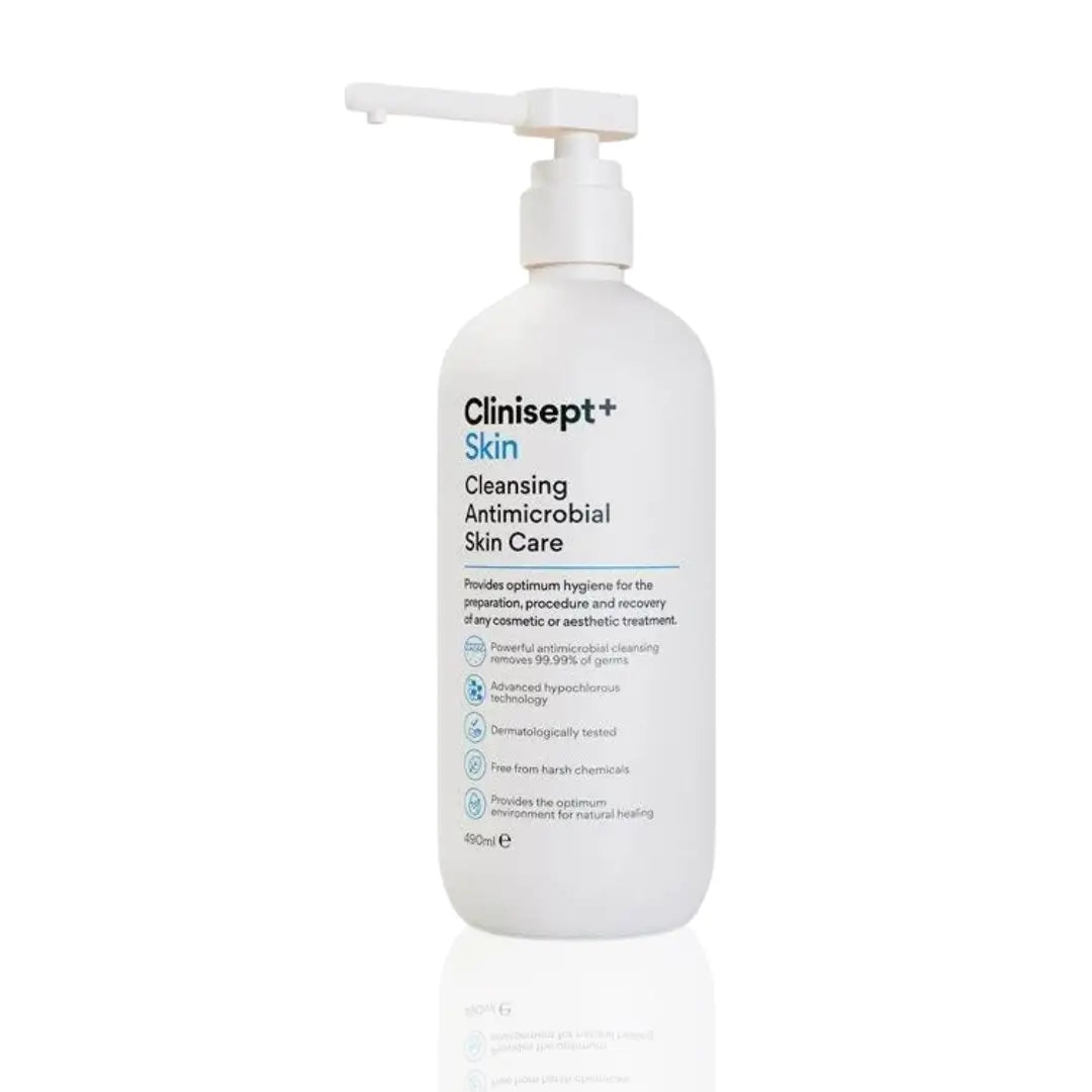 Clinisept+ Skin 490ml white bottle with pump dispenser, featuring cleansing antimicrobial skin care label for post-treatment hygiene.