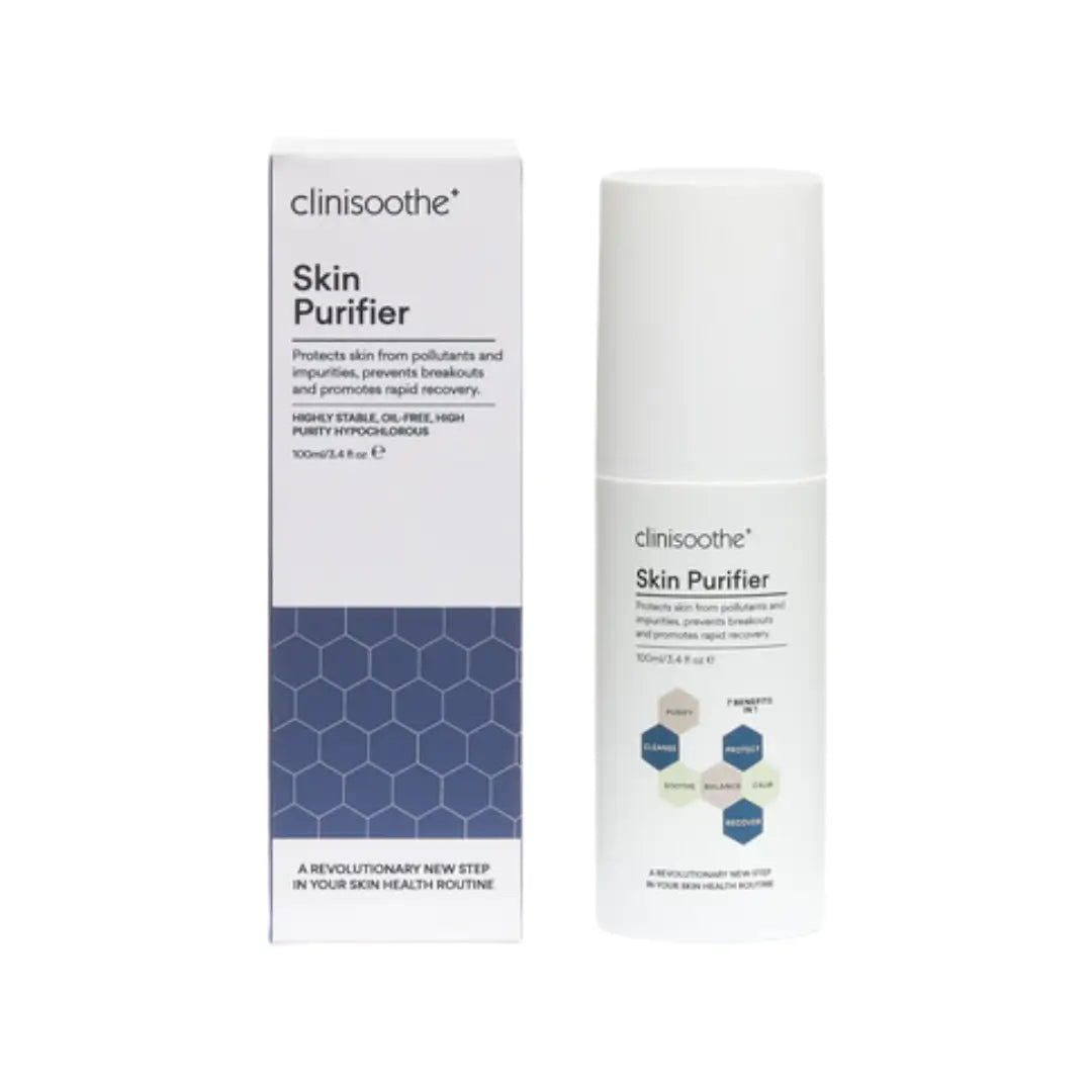 Clinisoothe+ Skin Purifier pack showing box and bottle, detailing protective and purifying effects for skin.