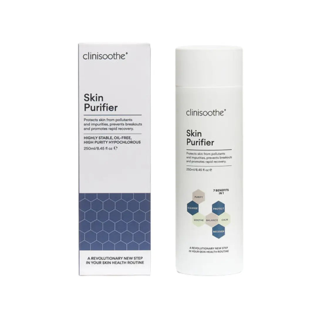 Clinisoothe+ Skin Purifier packaging, bottle next to its box detailing benefits and ingredients.