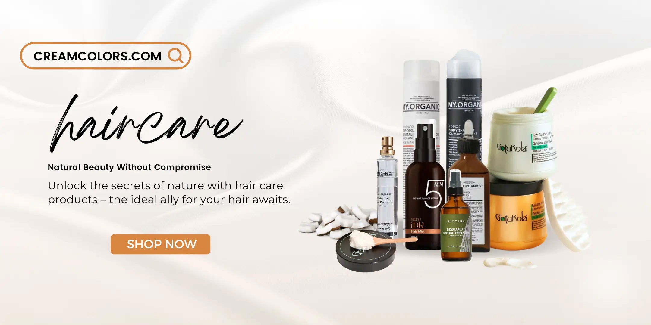 Various hair care products including shampoos, conditioners, hair oils, and treatments with a SHOP NOW button on a simple background.