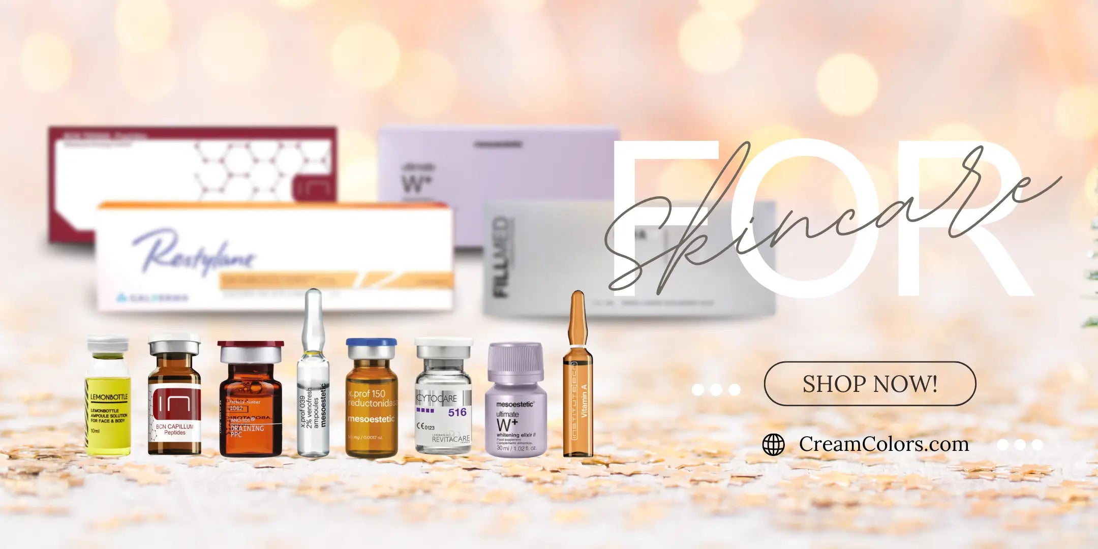 Various skincare products like Lemonbottle, Restylane, and Mesoestetic displayed with a SHOP NOW button on a blurred background.