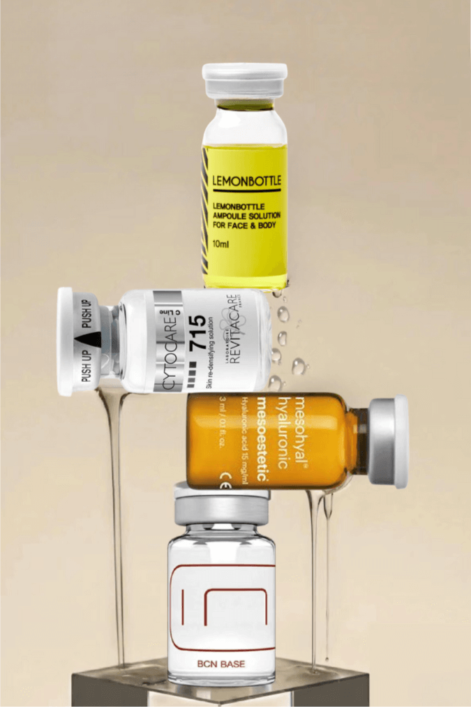 Vials of mesotherapy products including Lemonbottle, CytoCare 715, BCN Base, and Mesoestetic hyaluronic acid, used for skin rejuvenation and anti-aging treatments.