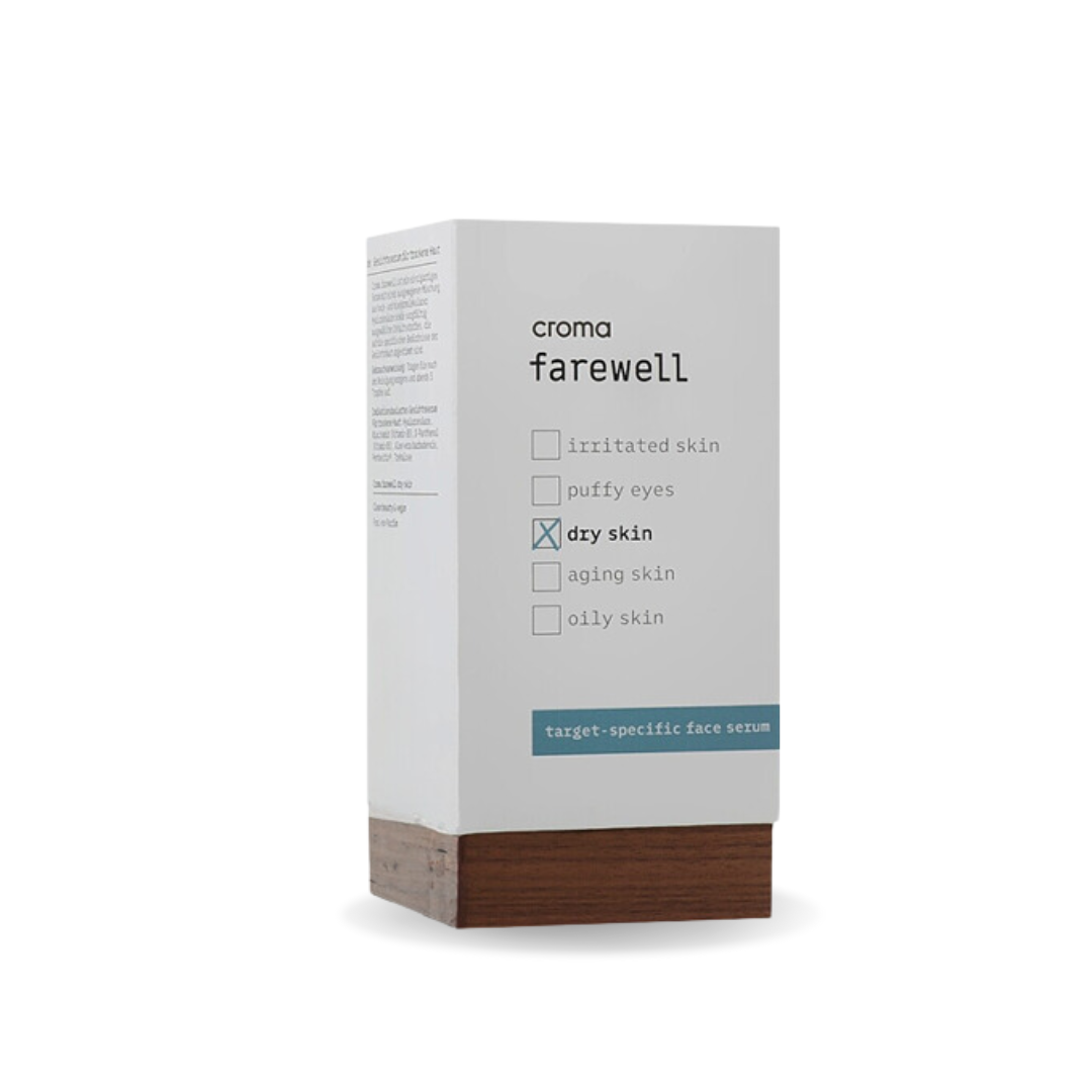 Croma Farewell Dry Skin 30ML serum box targeting dry skin with aloe vera and panthenol for moisturizing and soothing.