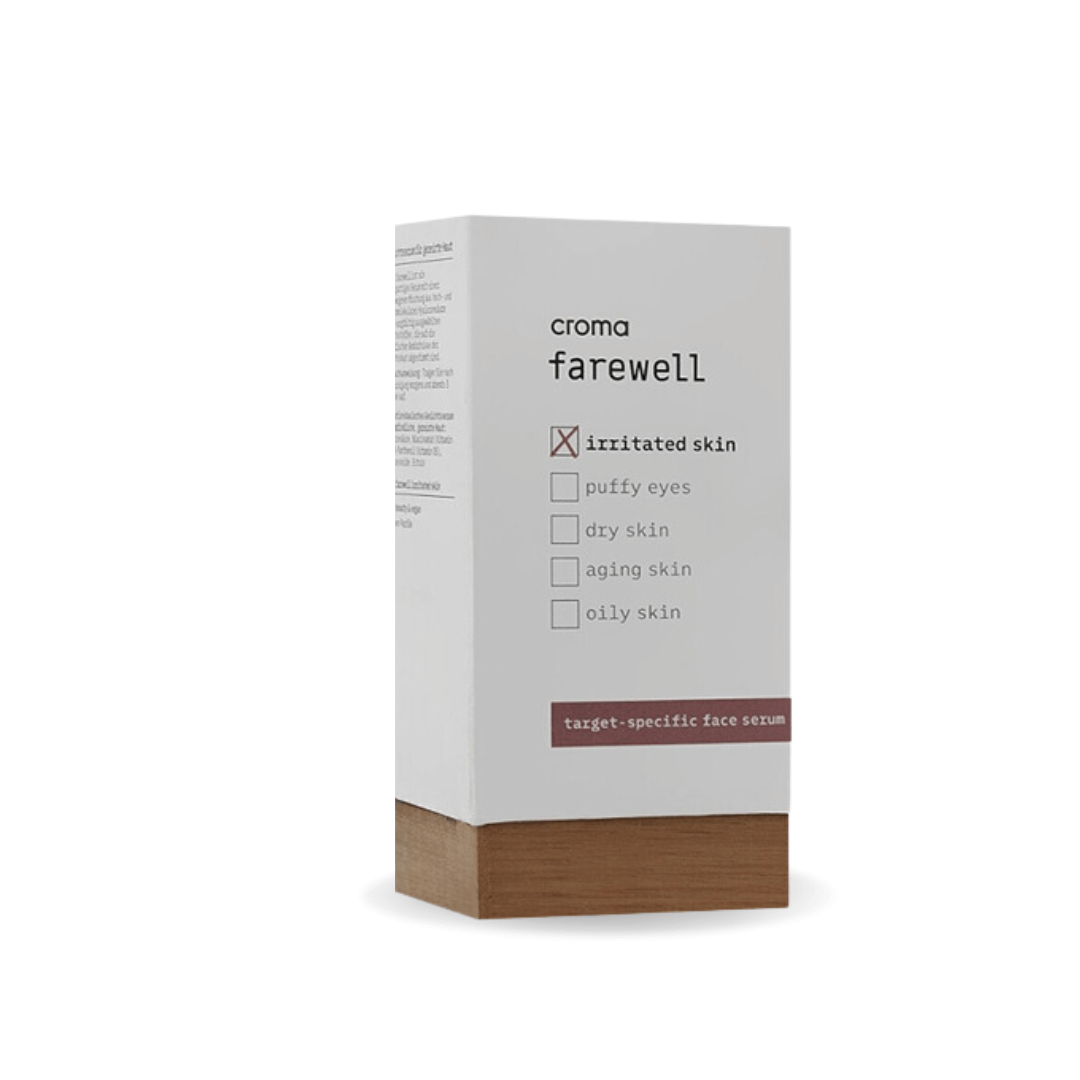 Croma Farewell Irritated Skin 30ML serum box for reducing redness, featuring madecassoside and panthenol to strengthen the skin barrier.