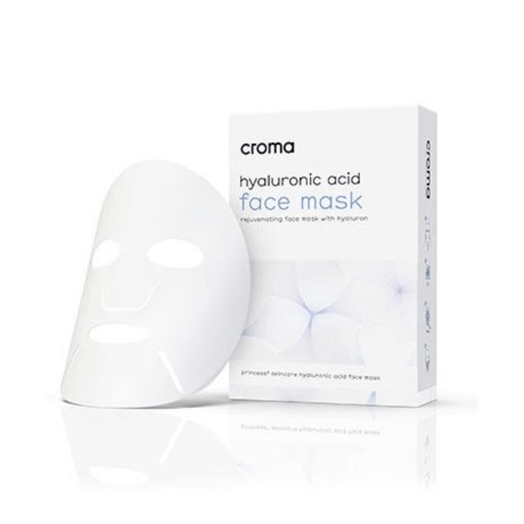 Croma Hyaluronic Acid Face Mask packaging and mask sheet, designed to hydrate and rejuvenate dry skin, pack of 8.