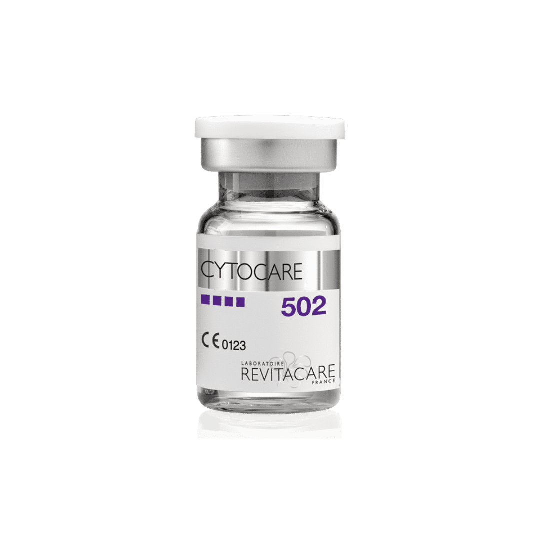 Single vial of Cytocare 502 with 2 mg hyaluronic acid, designed for injection into the superficial dermis to correct fine lines and improve skin radiance.