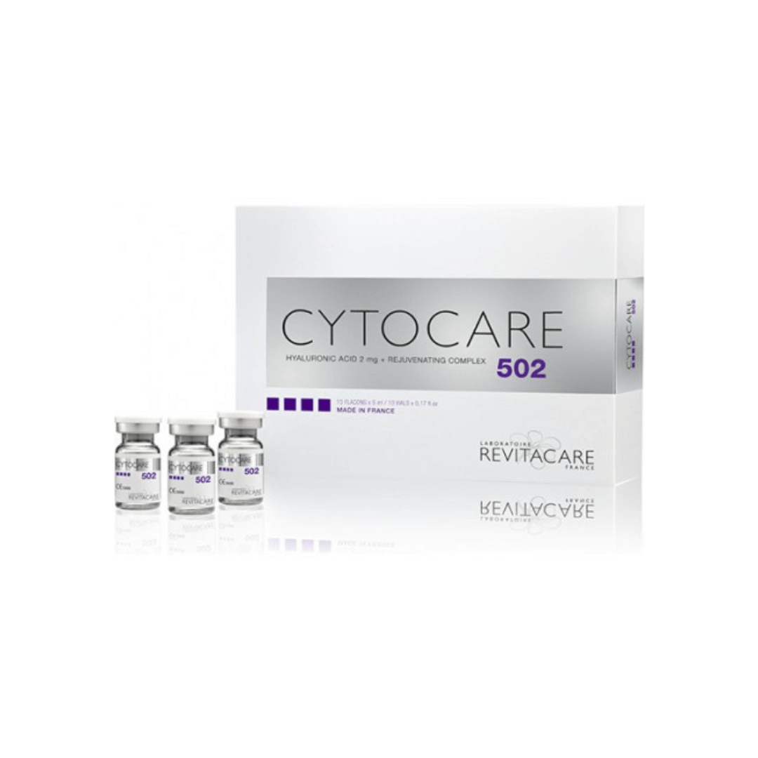 Cytocare 502 packaging containing 10 vials of 5ML each, featuring hyaluronic acid and a rejuvenating complex for treating fine lines, wrinkles, and dehydrated skin.