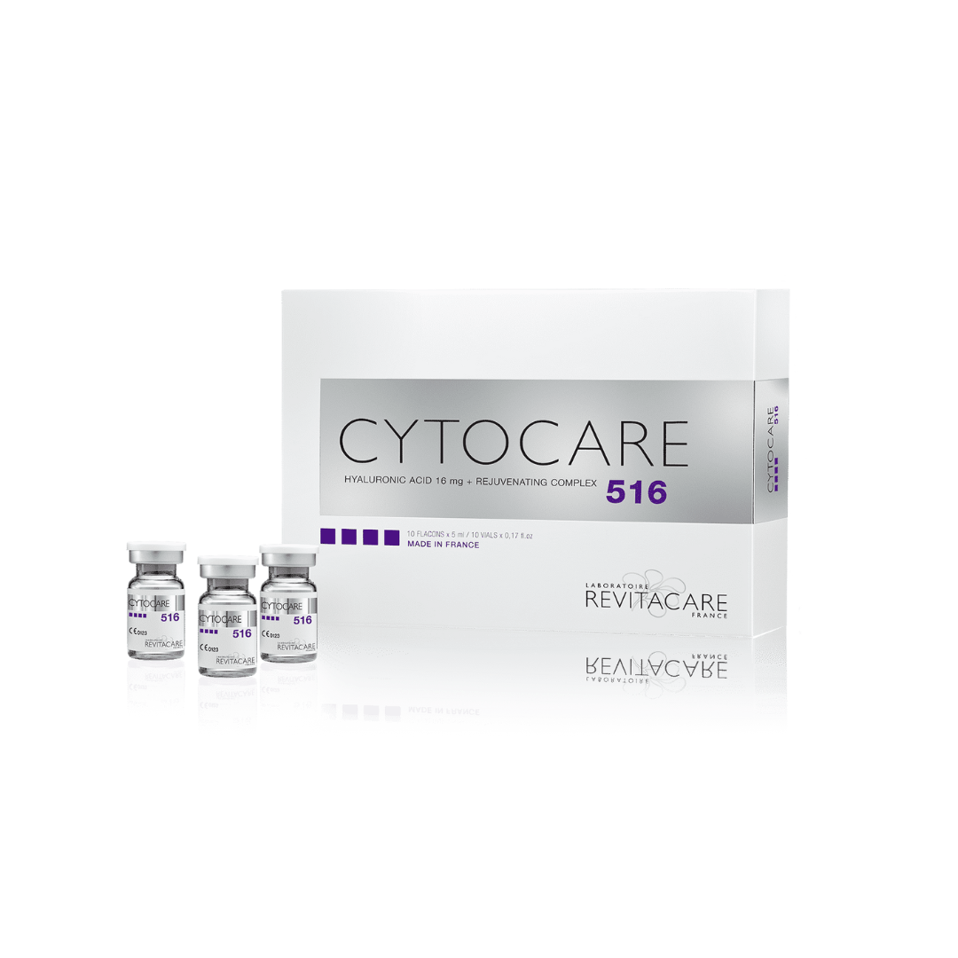 Cytocare 516 packaging showing 10 vials of hyaluronic acid and rejuvenating complex for correcting fine lines, increasing skin tone and elasticity, restoring hydration, and improving radiance.