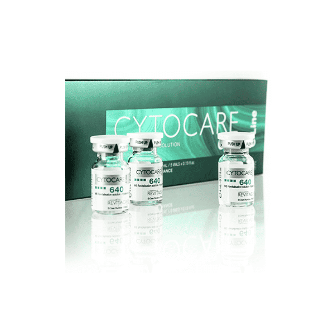 Cytocare 640 vial, part of a revitalisation solution composed with hyaluronic acid. Each vial contains 4ml.