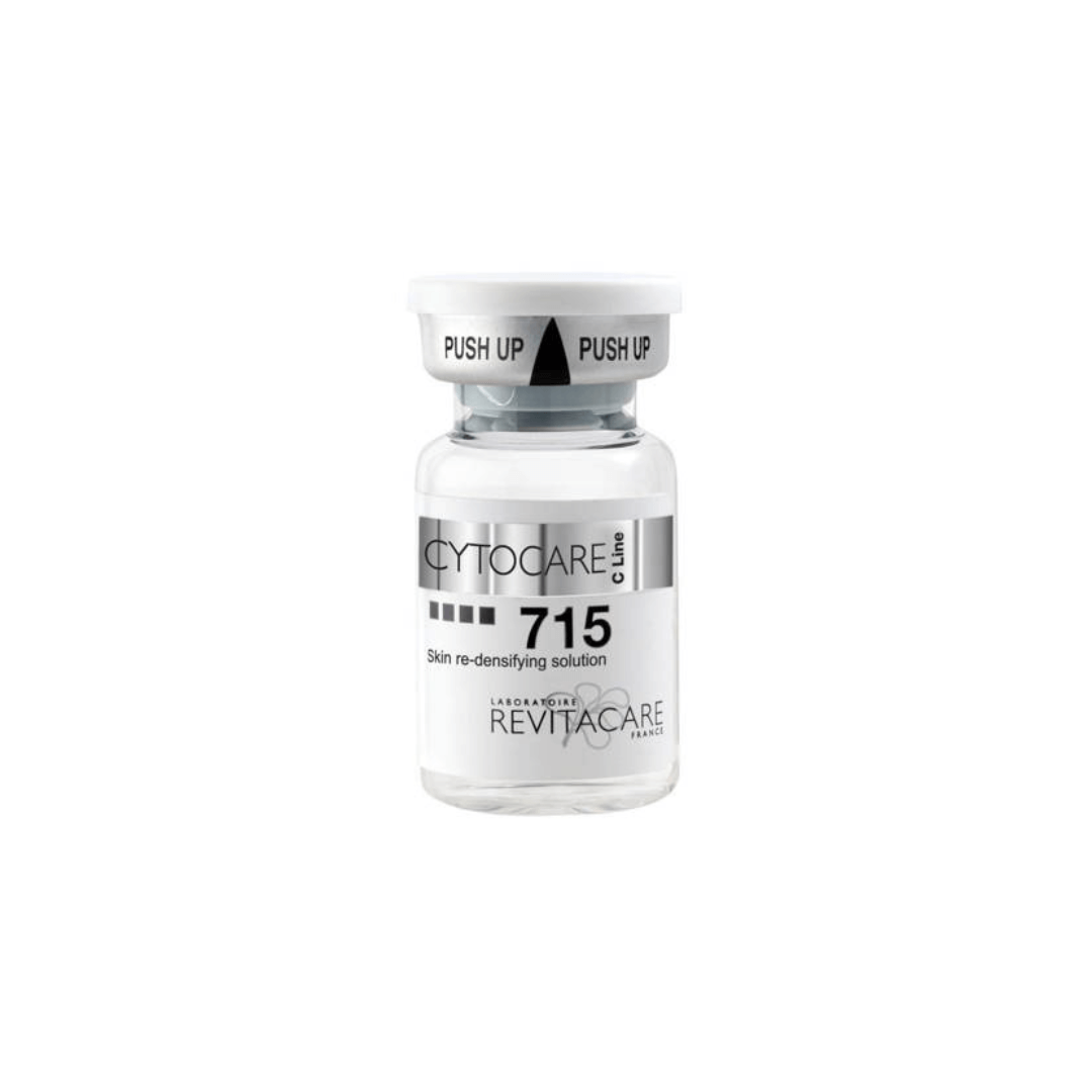 Cytocare 715 C Line vial with 75mg hyaluronic acid. Redensifies skin, enhances glow, delays fine lines, and restores elasticity. 5ml vial.