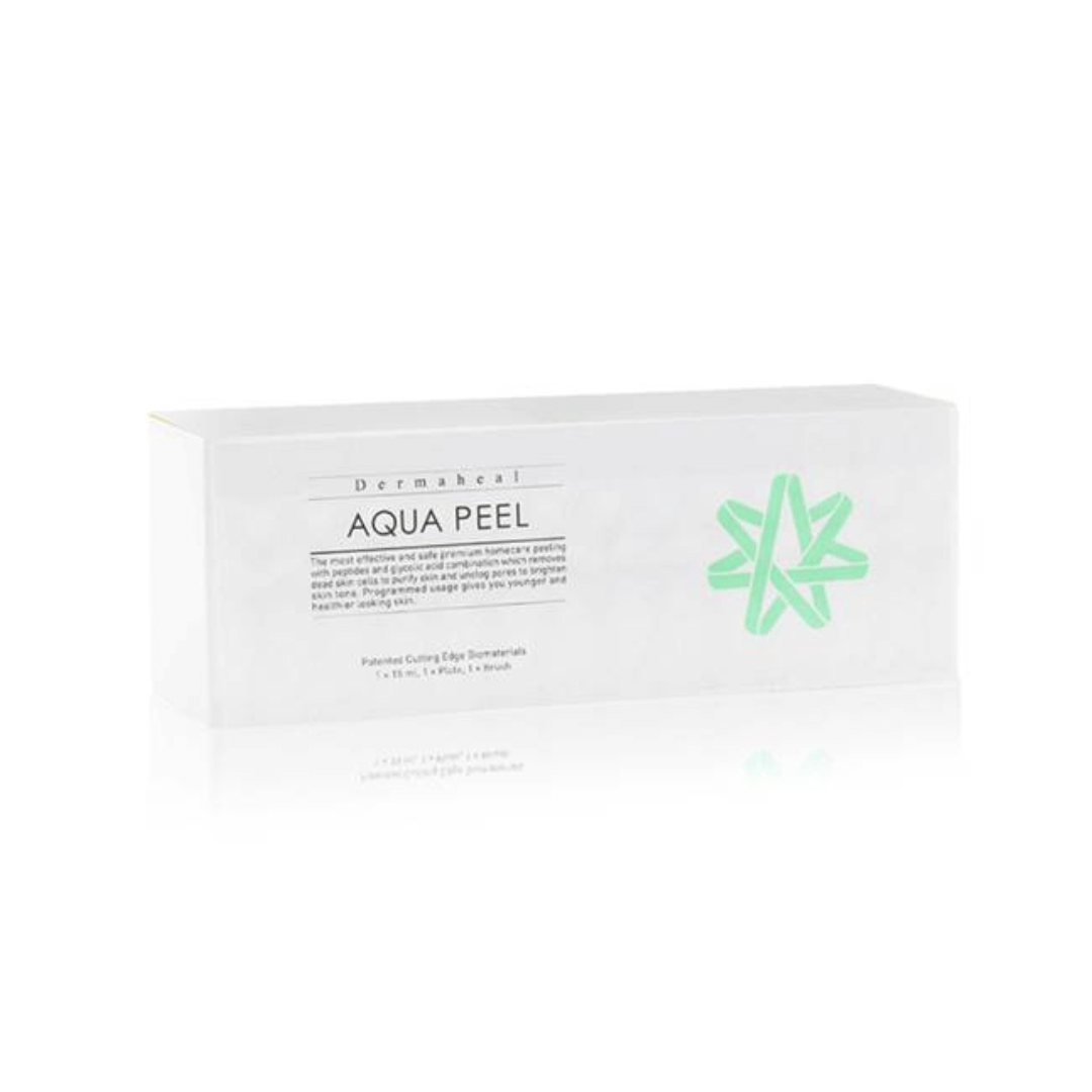 15ml Dermaheal Aqua Peel with packaging, gentle peeling solution with peptides and 10% glycolic acid, exfoliates and clears pores.