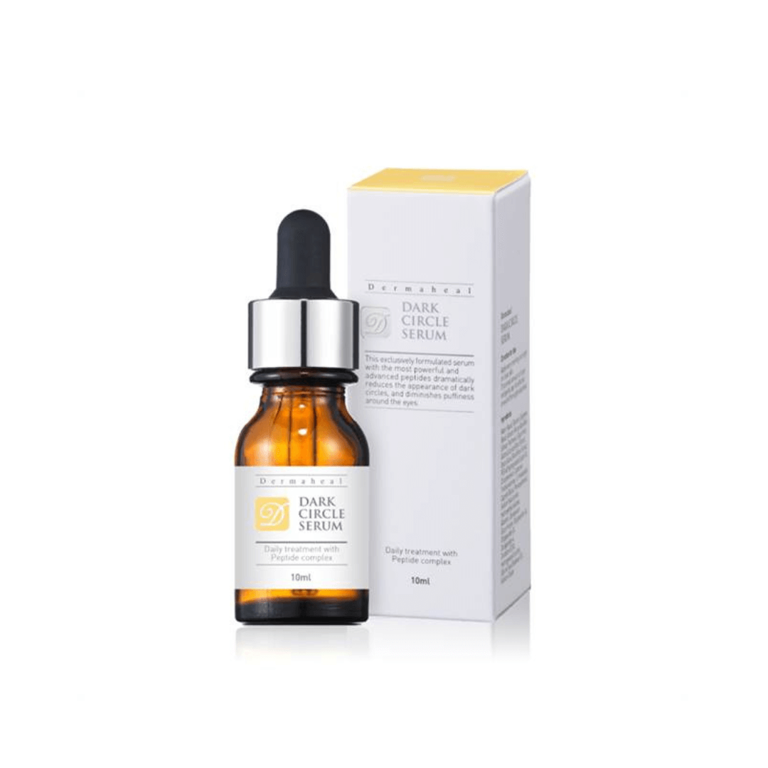 Dermaheal Dark Circle Serum, 10ml bottle with packaging, reduces dark circles and puffiness, targets wrinkles, brightens and refreshes under-eye area.