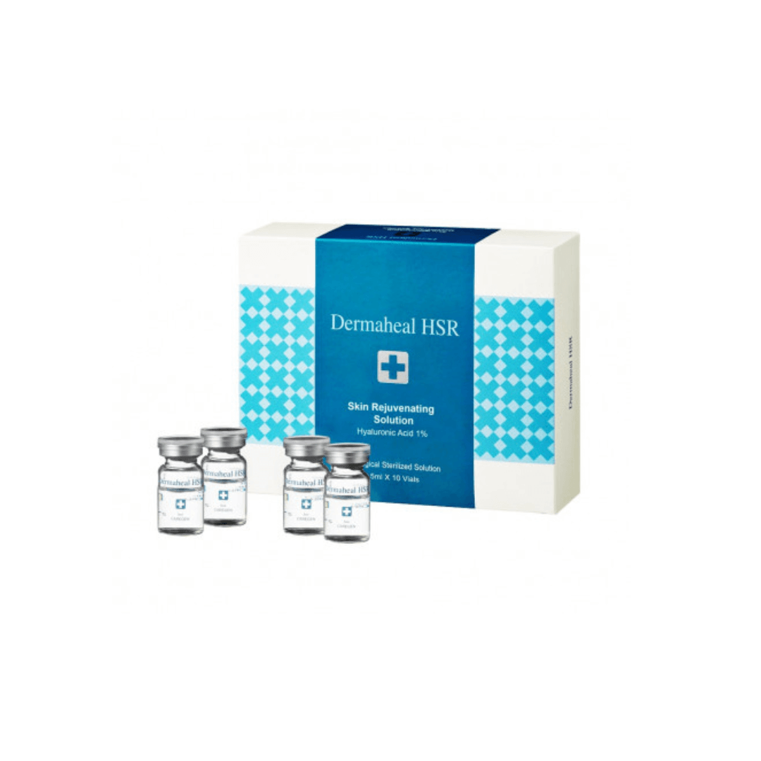 Dermaheal HSR Skin Rejuvenating Solution, 10 x 5ml vials, shown with packaging. This advanced formula reduces fine lines, strengthens skin elasticity, and deeply hydrates aged and dehydrated skin.