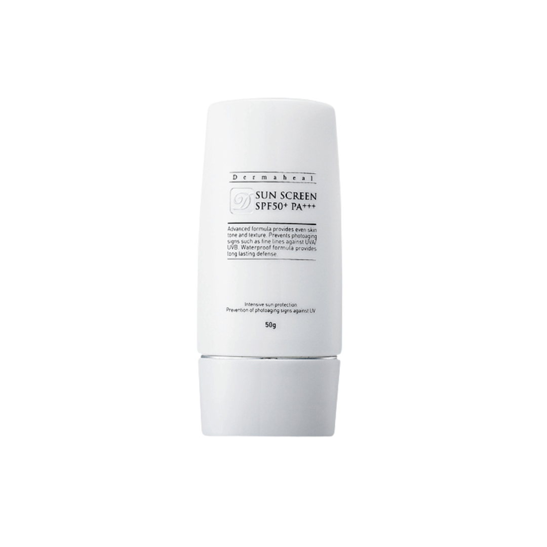 Dermaheal Sun Screen SPF 50+ PA+++, 50g bottle, offers strong sun protection, prevents melanin synthesis and fine lines, enhances skin tone and texture.