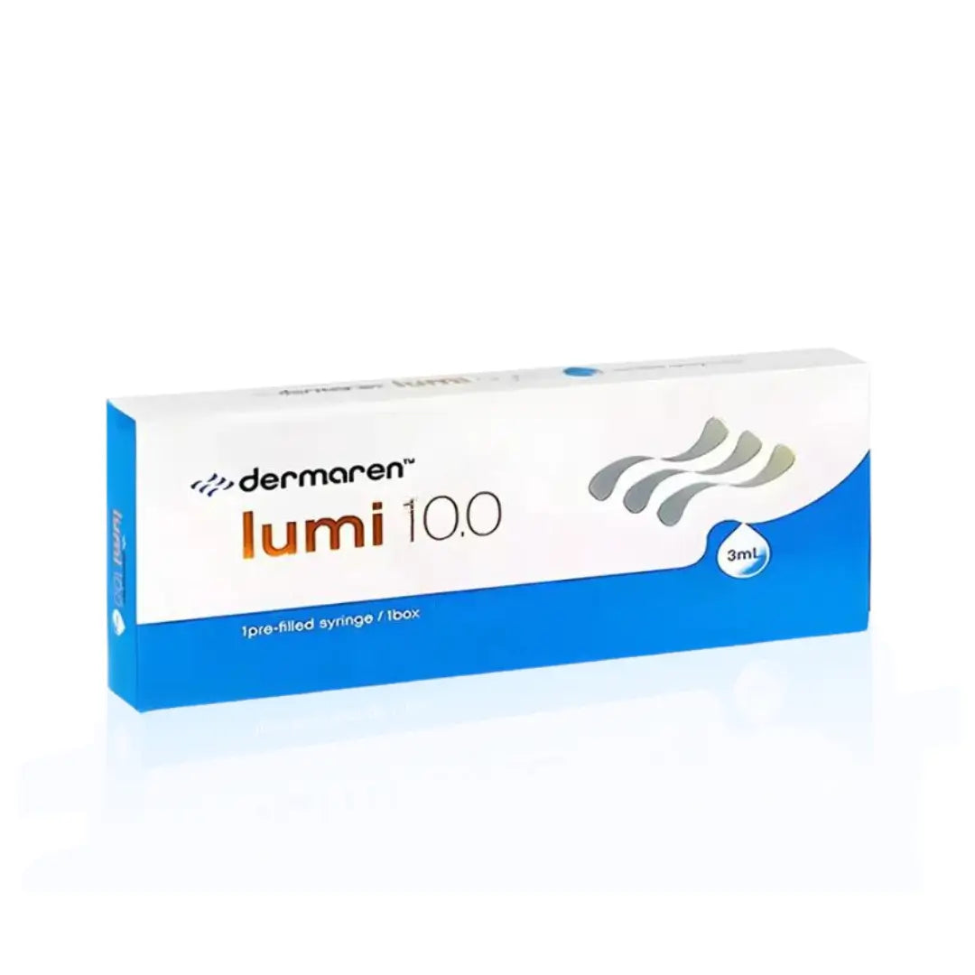 Dermaren Lumi 10.0 3ml box, white and blue packaging with product name and volume displayed, includes one pre-filled syringe for skin rejuvenation.