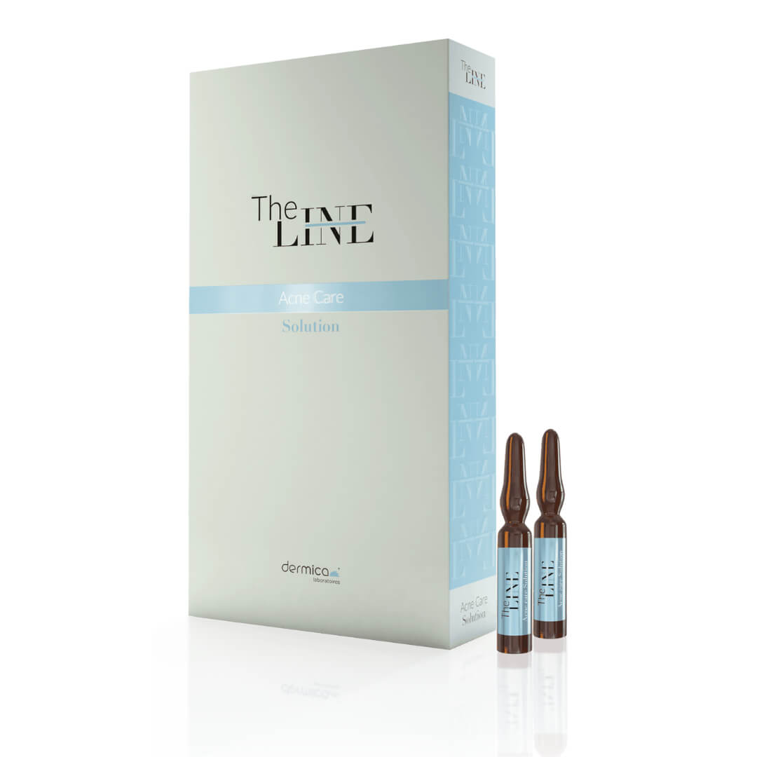 Dermica Acne Care Solution box with 10 x 2ml ampoules for acne-prone skin, contains salicylic acid and calendula.