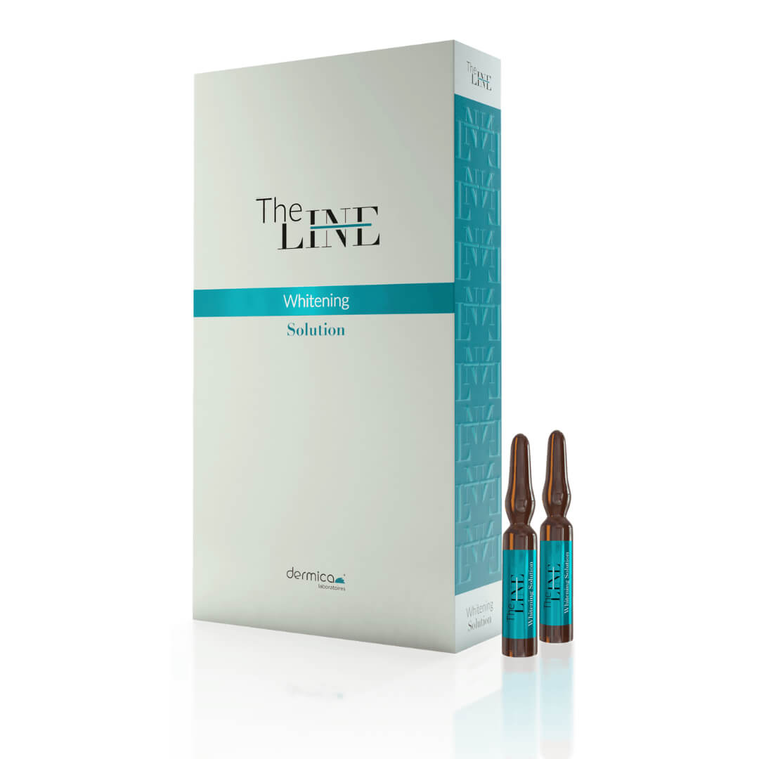 Elegant white and turquoise packaging of Dermica Whitening Solution, displaying ten 2ml ampoules with a clear blue stripe indicating the 'Whitening Solution' label, set against a minimalist background.