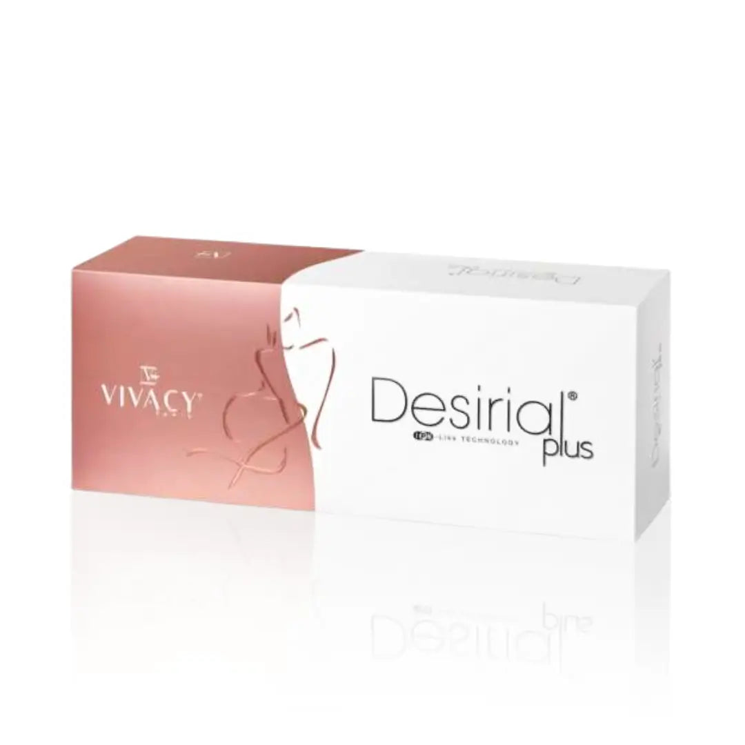 Box packaging of Desirial Plus (2 x 2ML), an intimate wellness gel that helps restore volume and comfort in sensitive areas.