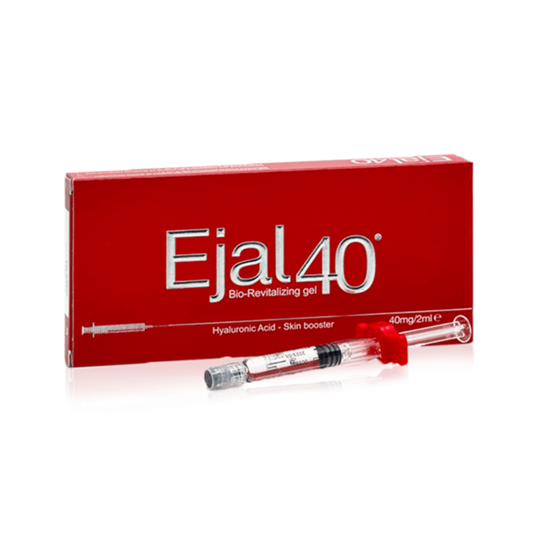 Ejal40 box in red alongside a transparent syringe filled with Bio-Revitalizing Gel, showcasing the product's 40mg/2ml hyaluronic acid content, designed for skin rejuvenation.