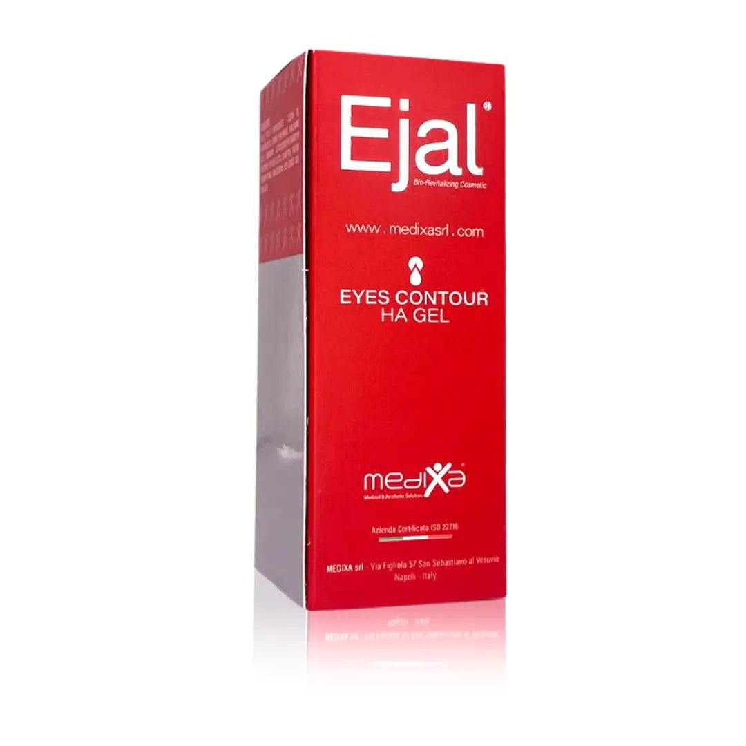 Ejal Eyes Contour HA Gel 30ml package, red box with product information and brand logo, designed for eye area hydration and brightening.