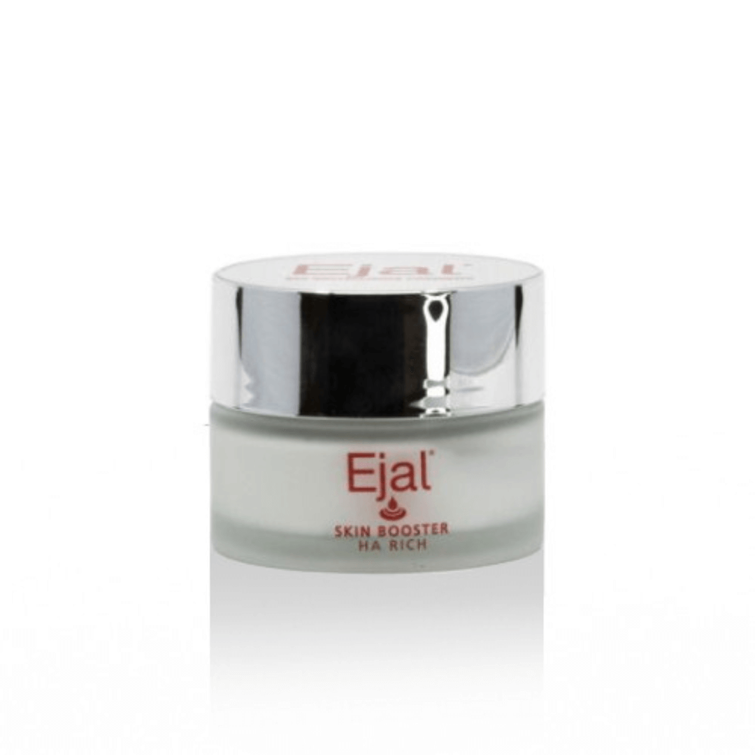 Close-up of Ejal Skin Booster HA Rich cream jar, showcasing its elegant frosty glass and reflective silver cap, emphasizing its premium packaging design.