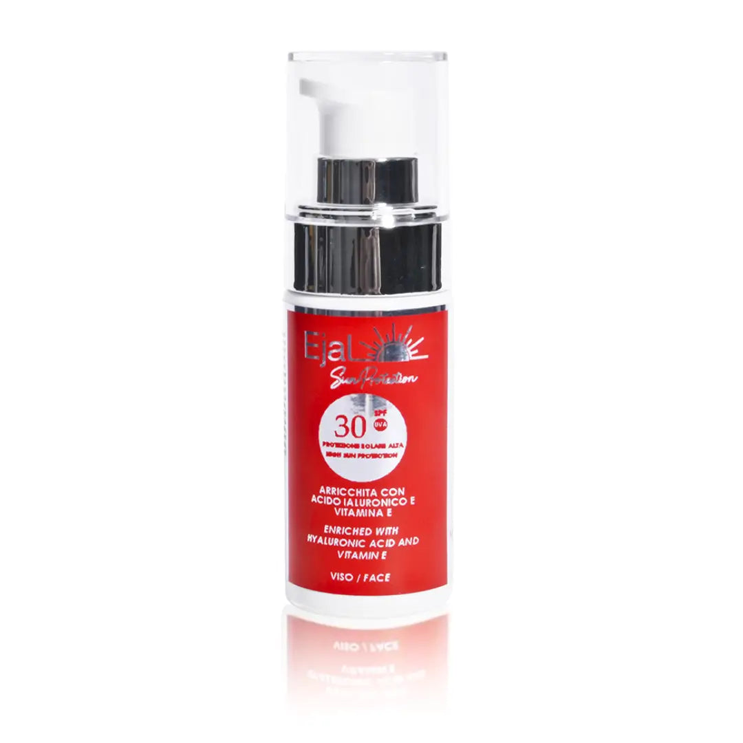 Ejal SPF30+ Sun Protection Face Cream 30ml with white pump dispenser, features red label with vitamin E and hydration benefits.