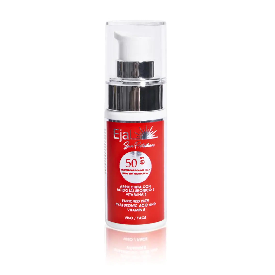 30ML Ejal Sun Protection Face Cream SPF50 with a white pump, featuring a red label with hyaluronic acid and vitamin E for daily sun care.