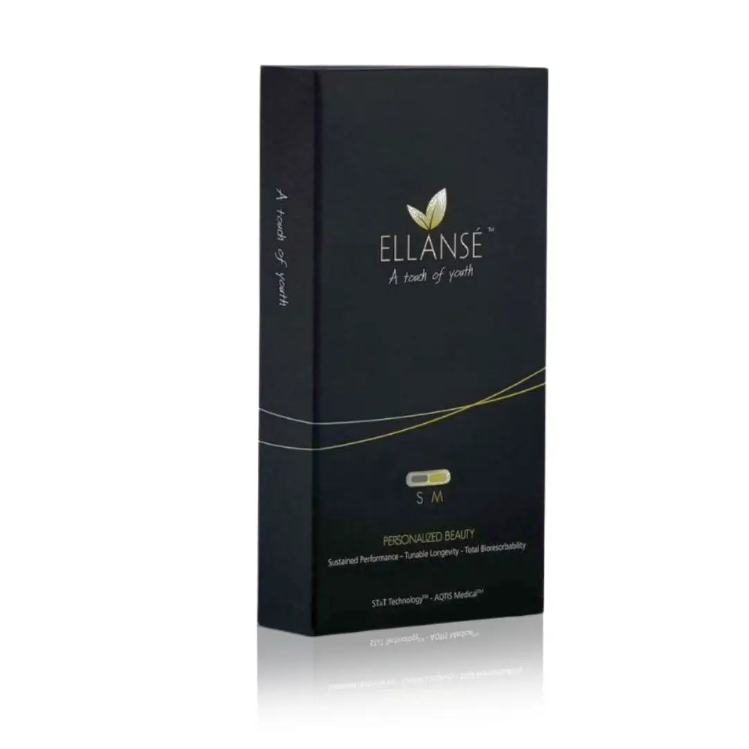 Ellansé M black and gold packaging, 2 x 1ml syringes, branded with 'A touch of youth' slogan.