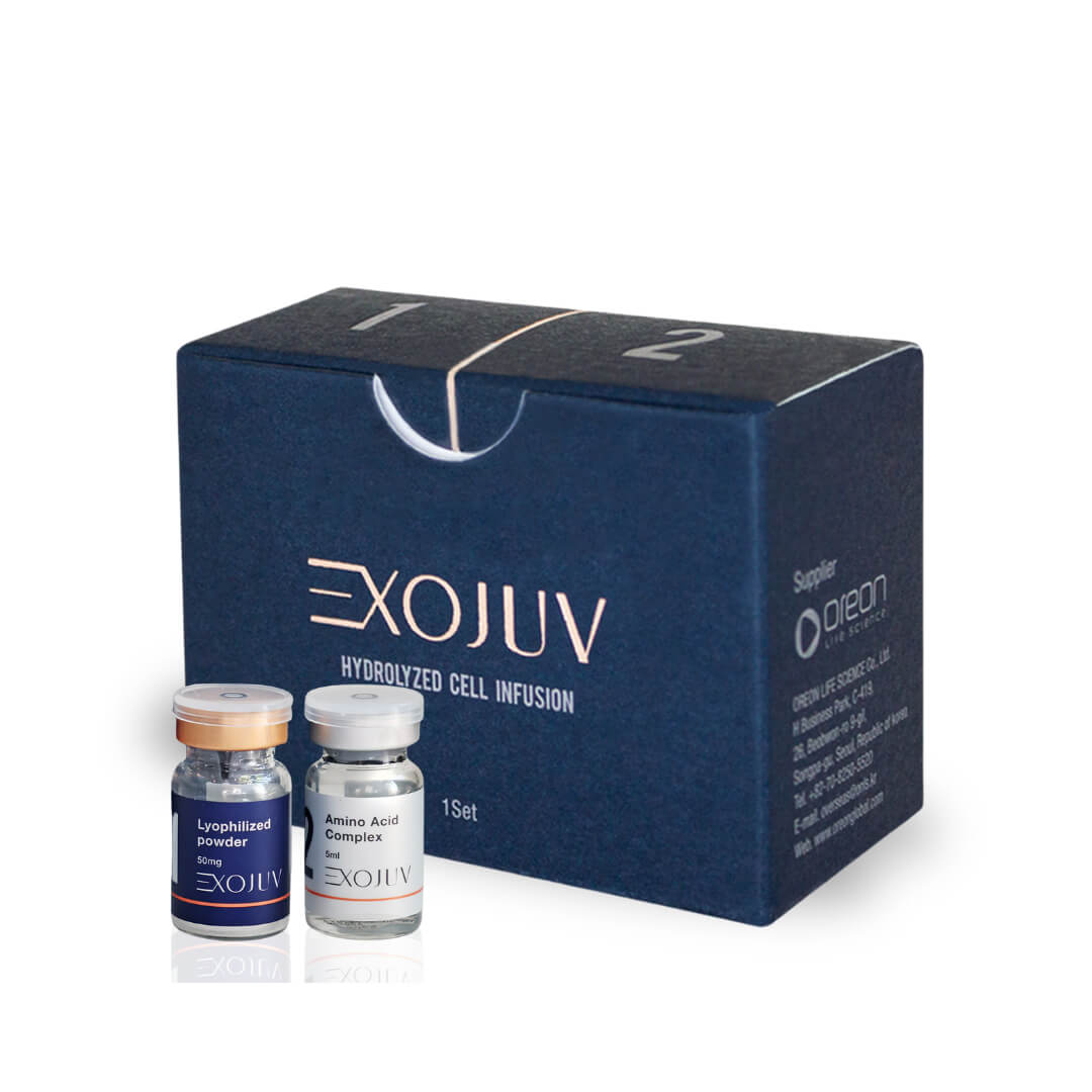 Exojuv Hydrolyzed Cell Infusion set with vials of lyophilized powder and amino acid complex, featuring 250 growth factors for skin rejuvenation.