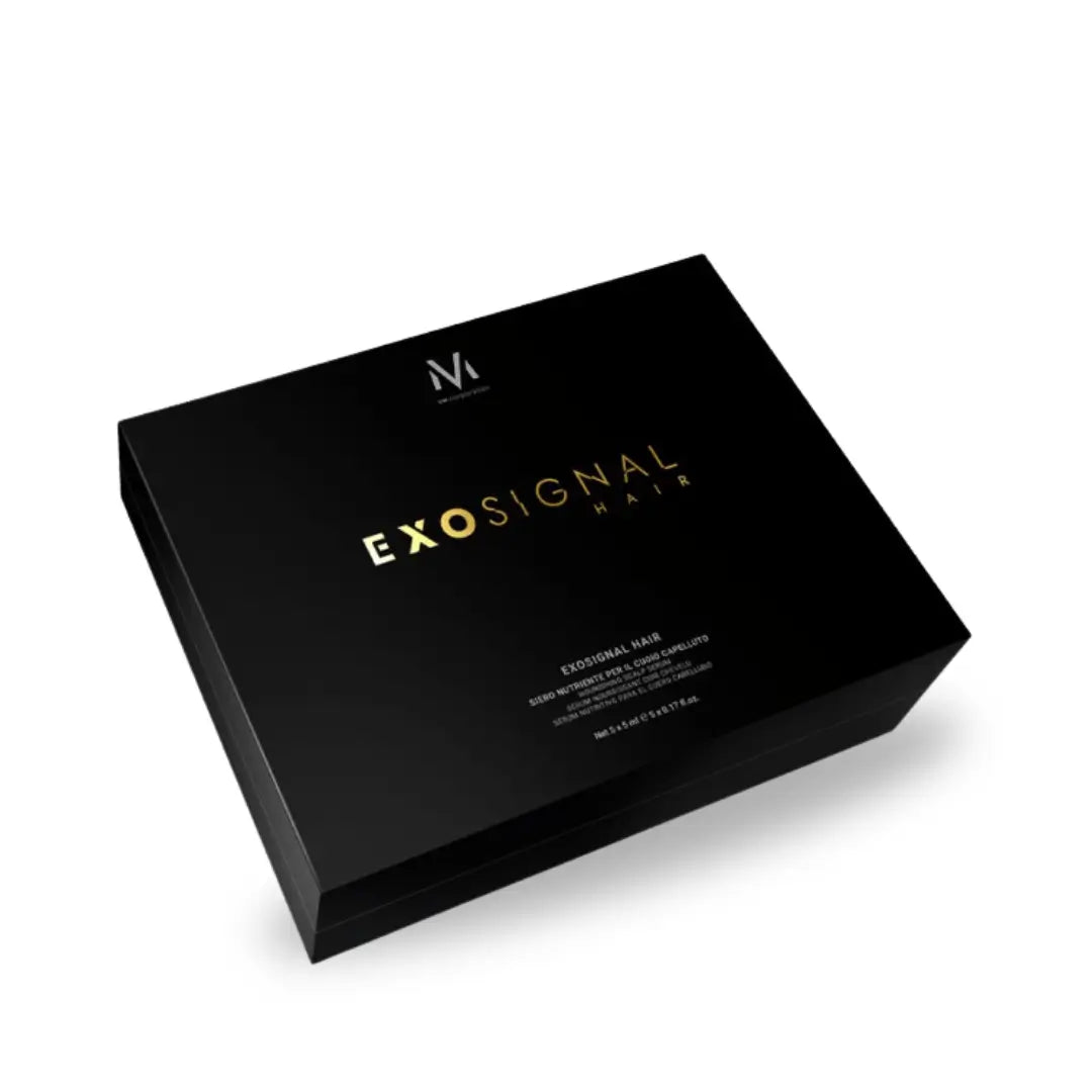 Exosignal Hair packaging box, advanced hair care solution for enhancing hair health and combating hair loss, 5 x 5ml vials.