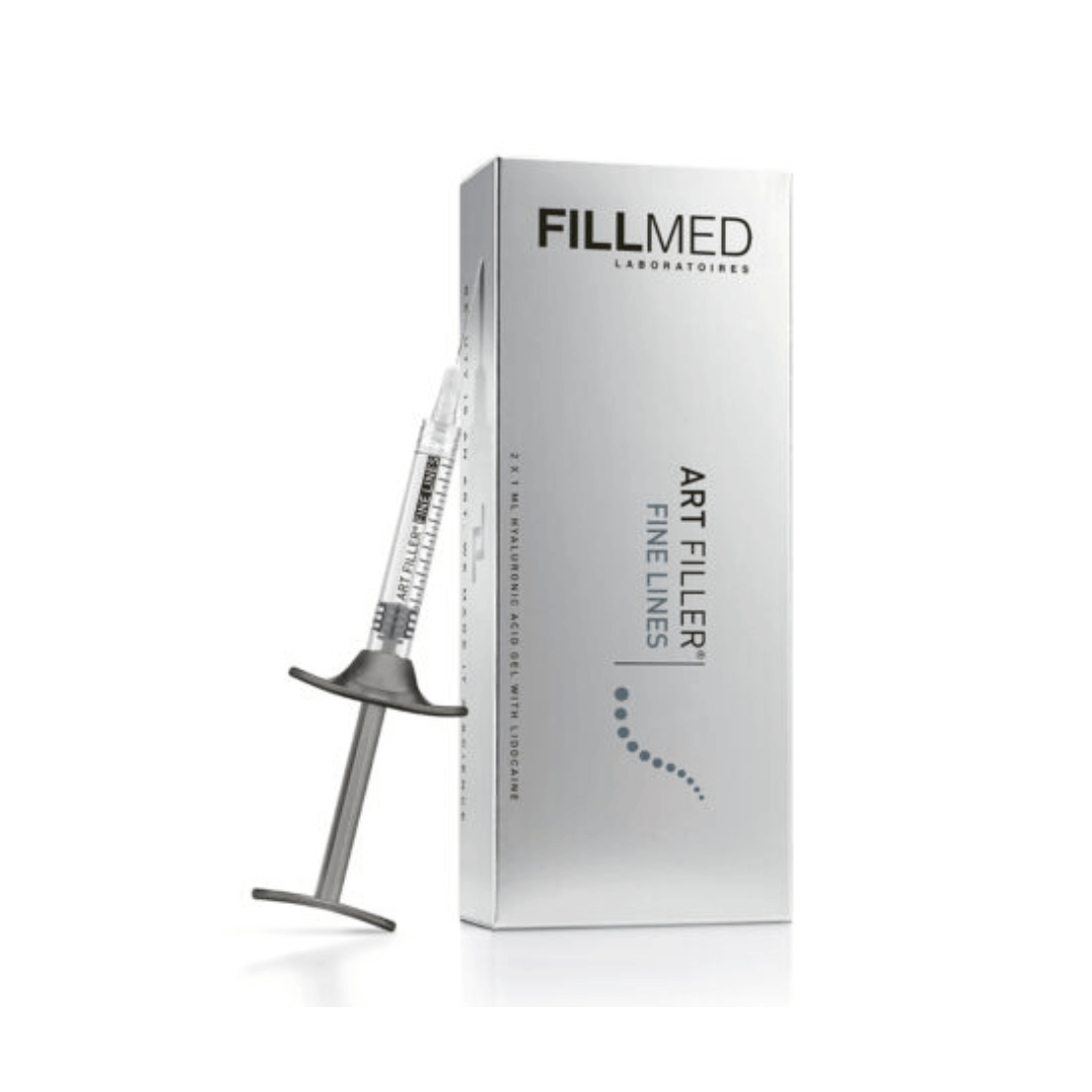 Fillmed Art Filler Fine Lines Lidocaine, hyaluronic acid filler syringe with box, targets fine lines and wrinkles.