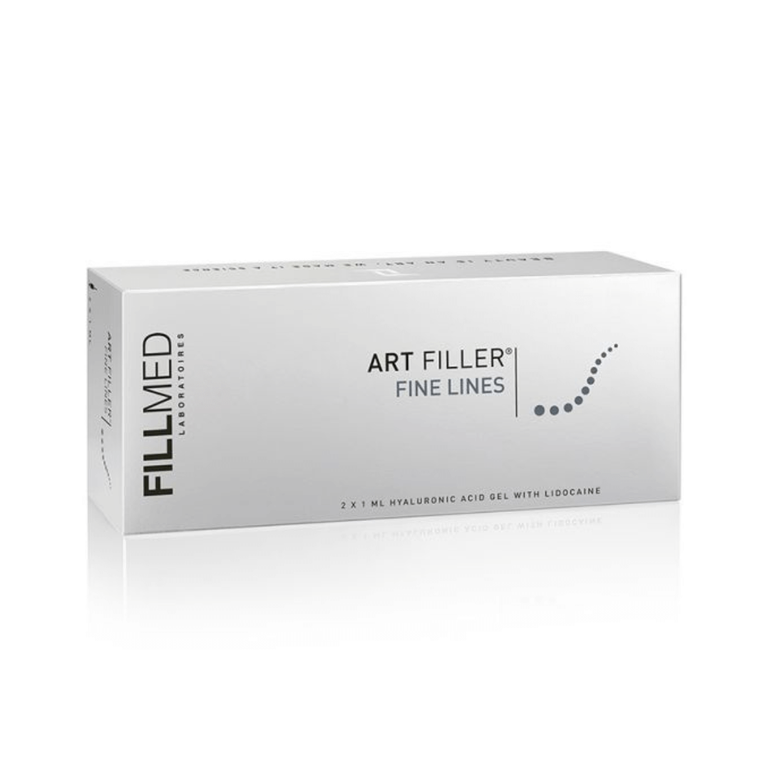 Fillmed Art Filler Fine Lines Lidocaine packaging, 2 x 1ml hyaluronic acid gel with lidocaine for fine lines and wrinkles.