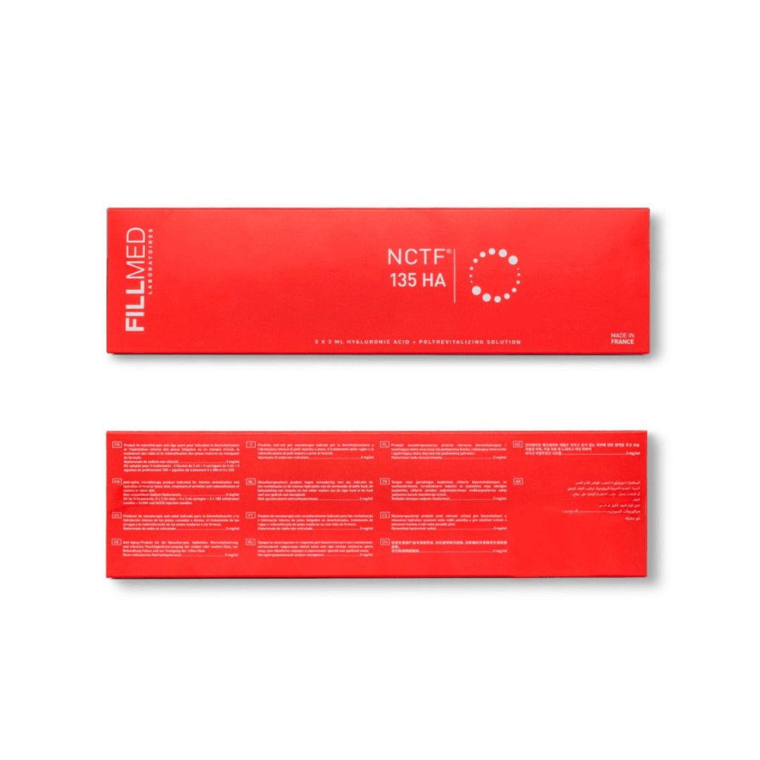 Front and back view of red packaging for Fillmed NCTF 135HA, includes five 3ml vials of hyaluronic acid solution, enhances skin moisture and appearance.