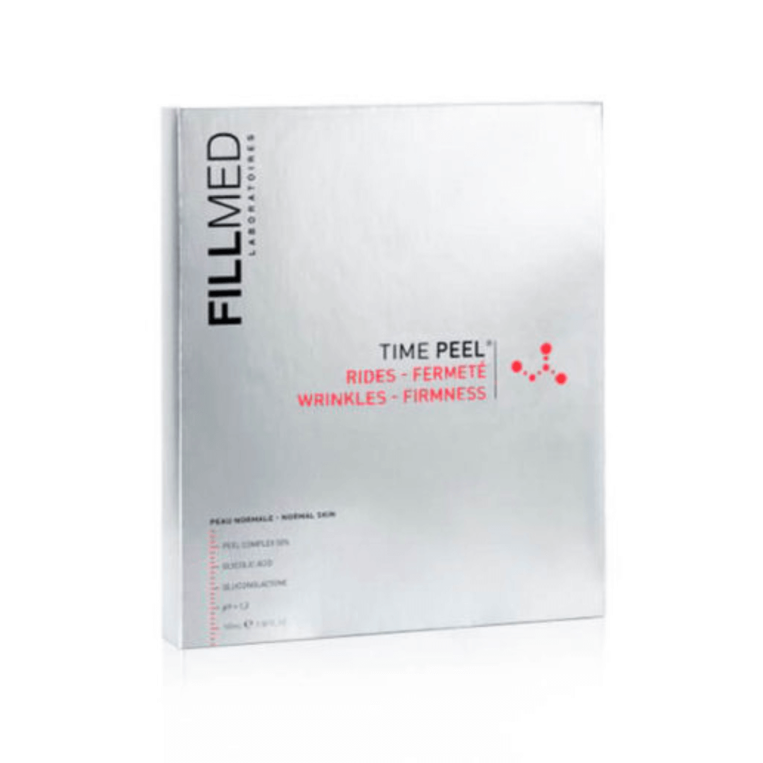 Silver box of FILLMED Time Peel for normal skin, 100ml, professional anti-aging properties, includes application brush and tube.