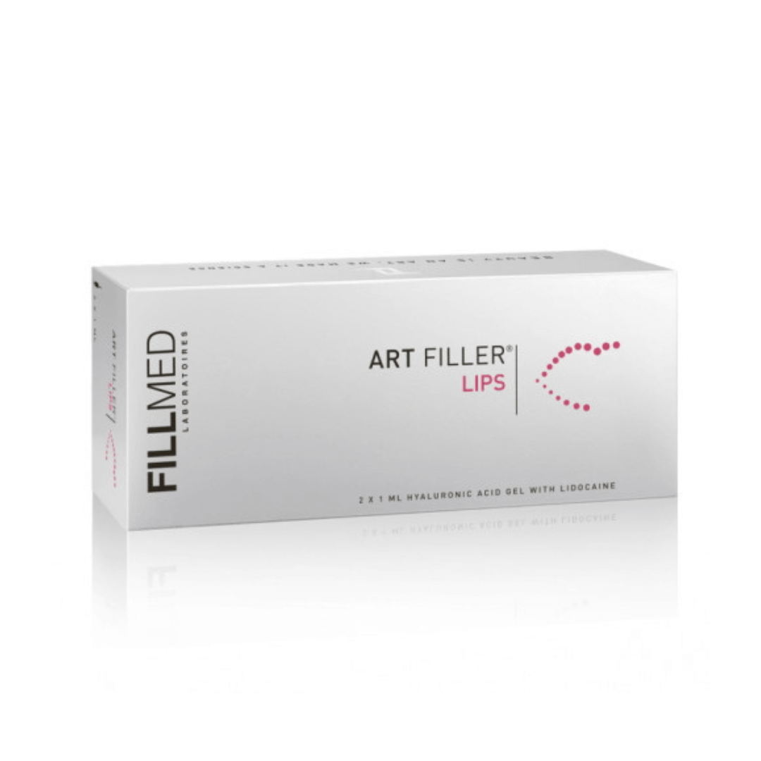 Fillmed Art Filler Lips Lidocaine packaging, 2 x 1ml hyaluronic acid gel with lidocaine for lip enhancement and fine lines.