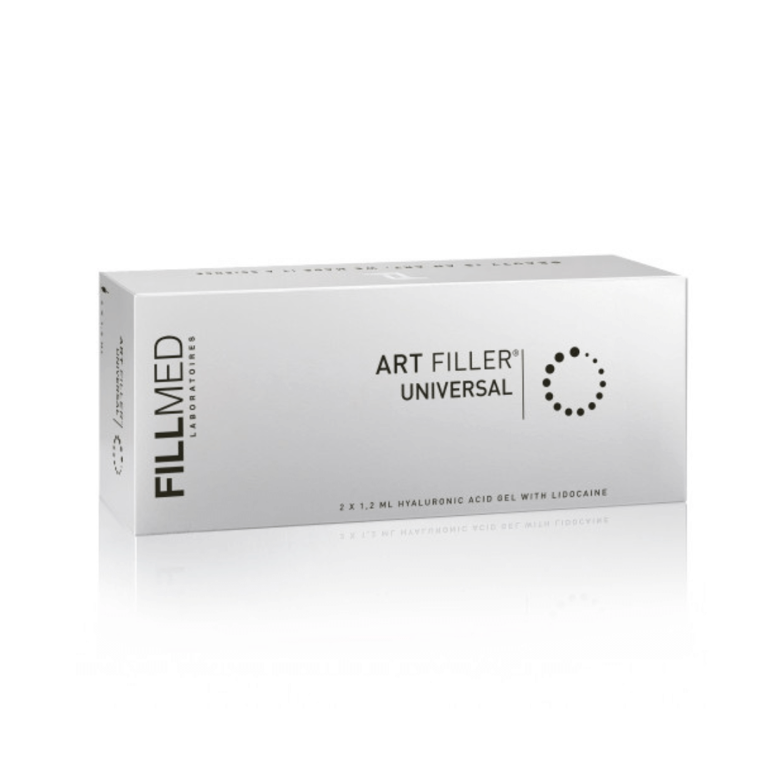 Fillmed Art Filler Universal Lidocaine packaging. Contains two syringes with hyaluronic acid and Lidocaine for cosmetic treatments.