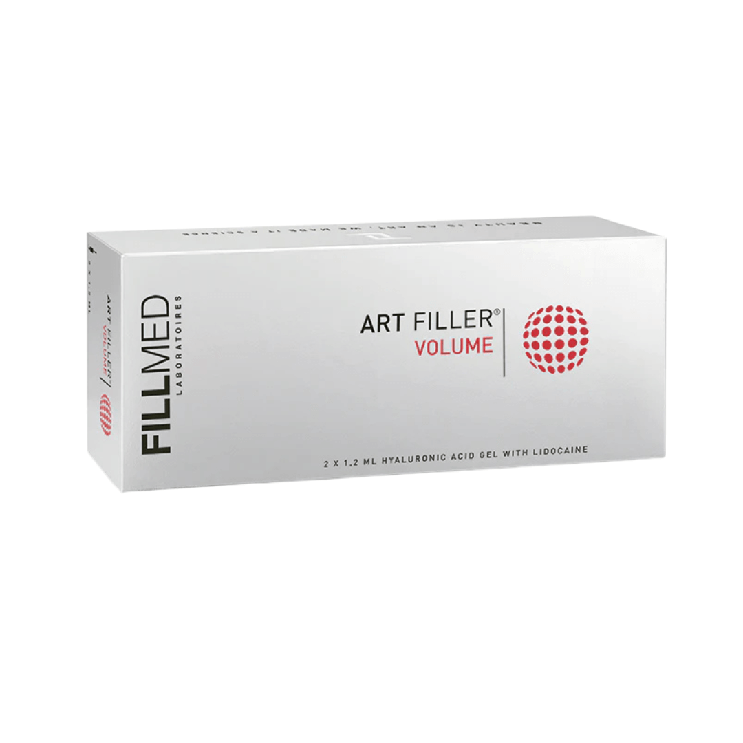 Fillmed Art Filler Volume Lidocaine packaging, silver box containing 2 syringes of hyaluronic acid gel for professional use.