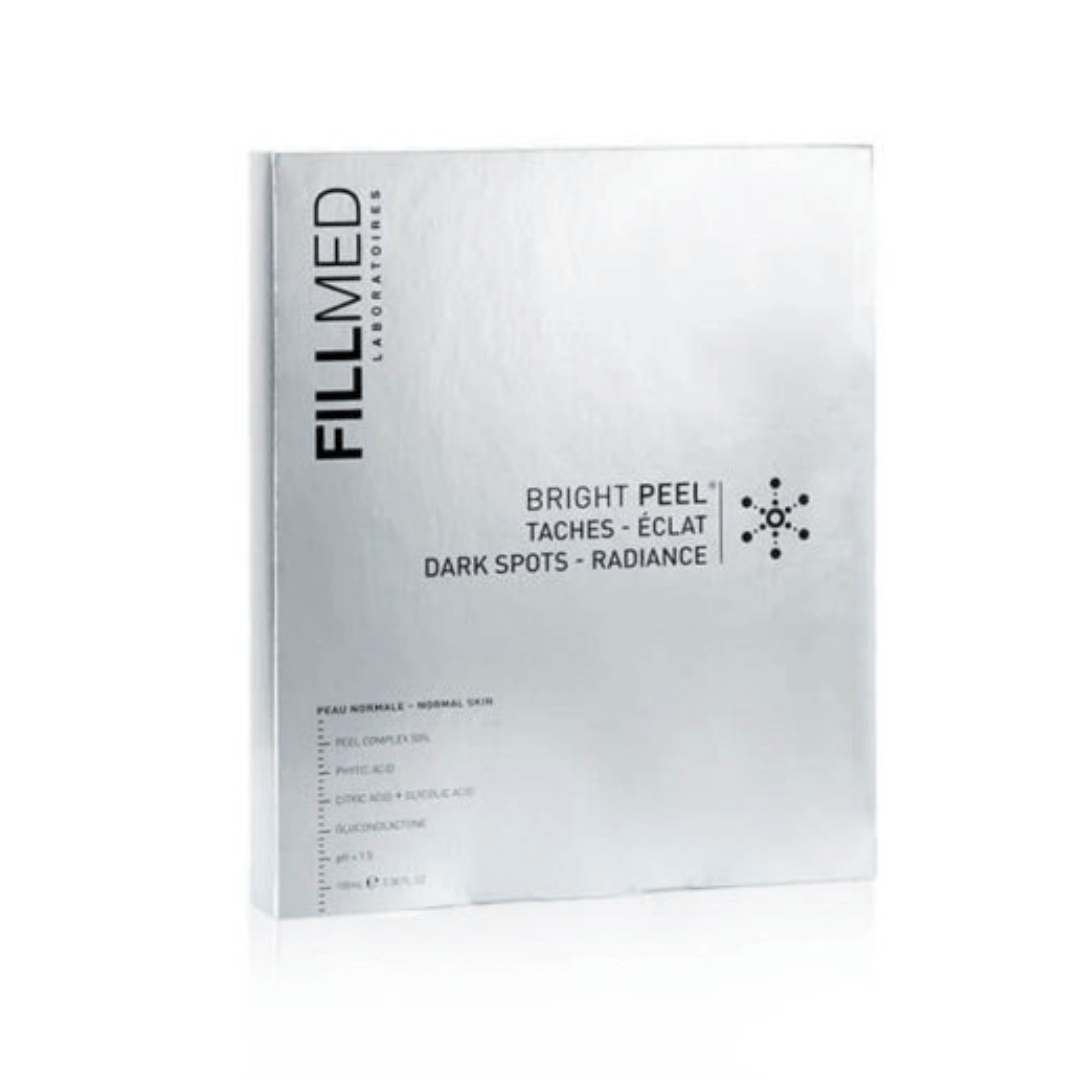 Silver packaging of 100ML Fillmed Bright Peel mask for dark spots and radiant skin, includes brush and dosing tube, exfoliates dead skin cells for smooth, even complexion, ideal for anti-aging.