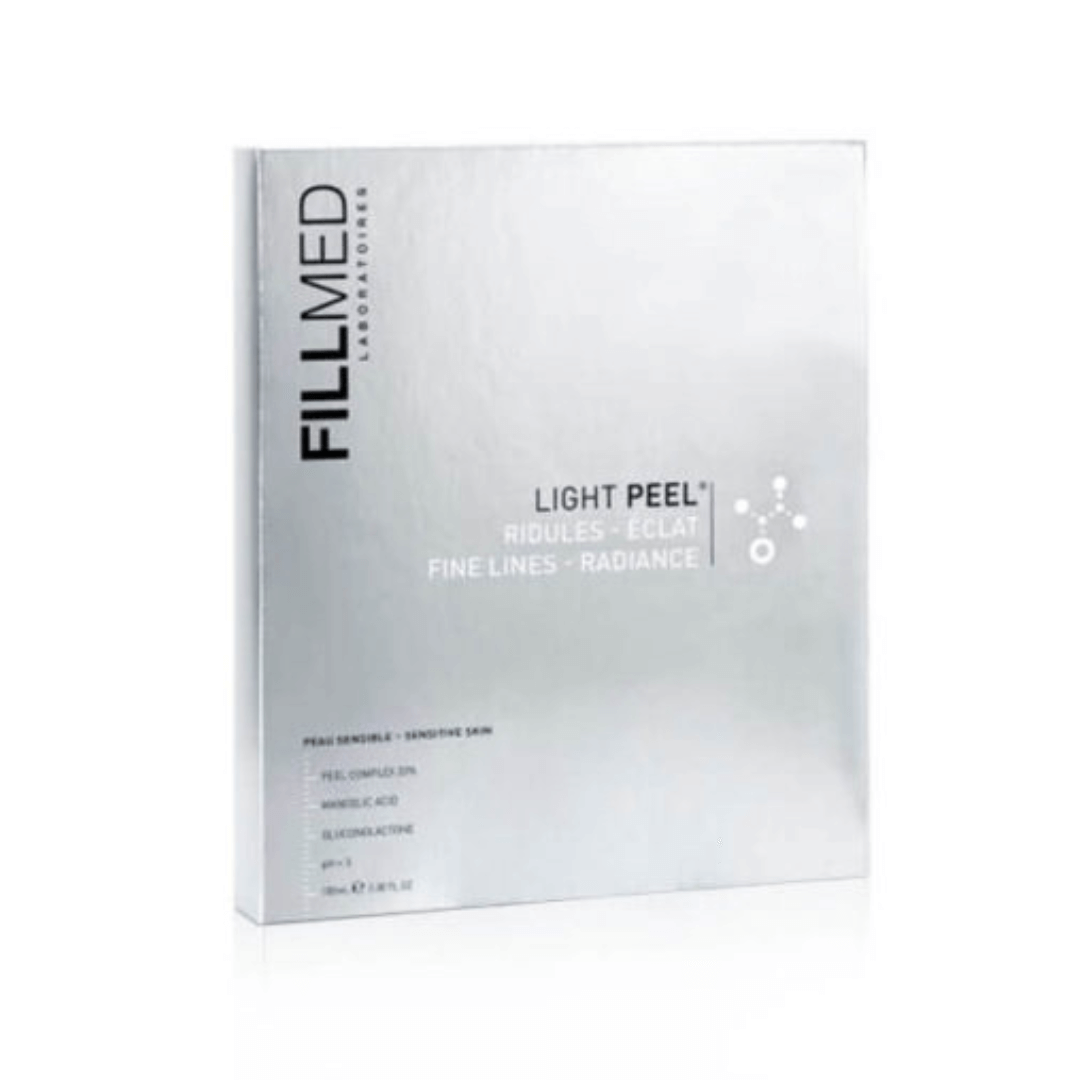 Silver packaging of 100ML Fillmed Light Peel mask for sensitive skin, includes brush and dosing tube, contains Mandelic Acid for gentle exfoliation, improves fine lines and skin radiance.