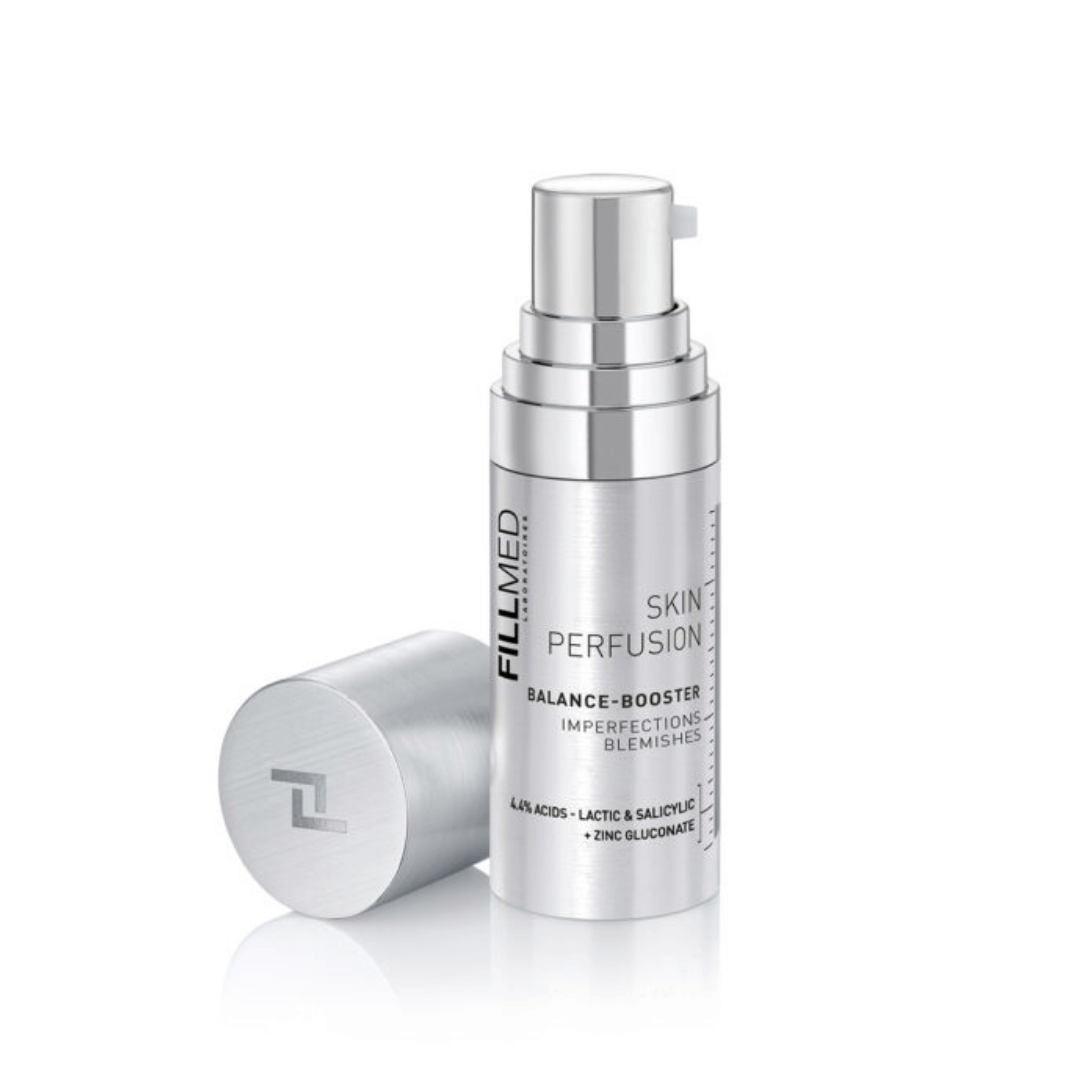 Fillmed Skin Perfusion Balance Booster 10ml bottle with cap open and placed beside, serum with lactic and salicylic acid for clearer skin.