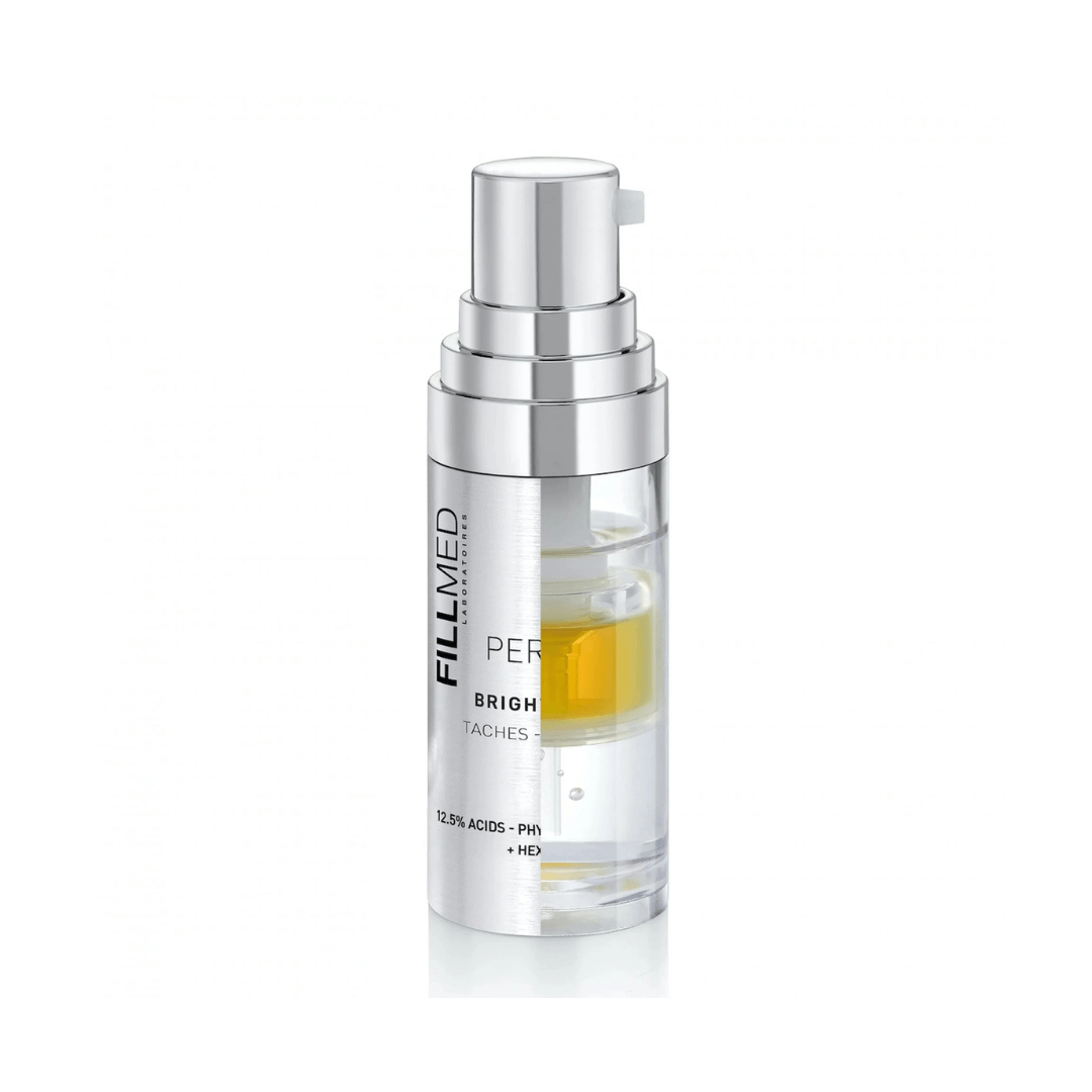 Fillmed Skin Perfusion Bright Booster 10ml bottle, serum with glycolic and phytic acids to improve skin texture and clarity."  These descriptions are concise, i