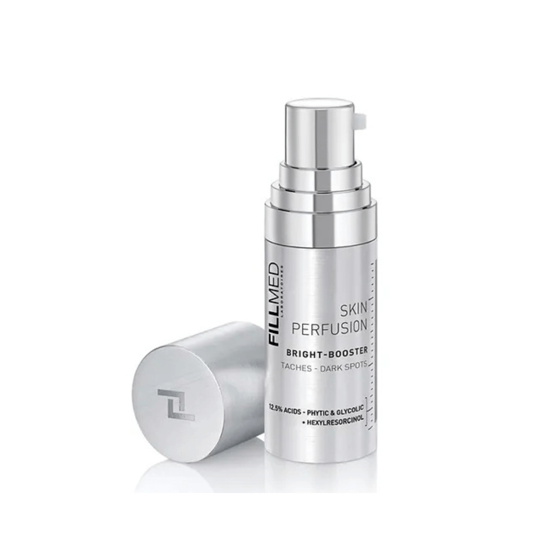 Fillmed Skin Perfusion Bright Booster 10ml bottle with cap off and placed beside, serum with glycolic and phytic acids for enhancing skin clarity.