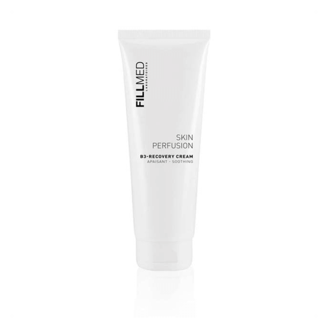 White tube of Fillmed Skin Perfusion CAB B3 Recovery Cream 250ml, soothes and rehydrates sensitive skin, ideal for post-procedure healing.