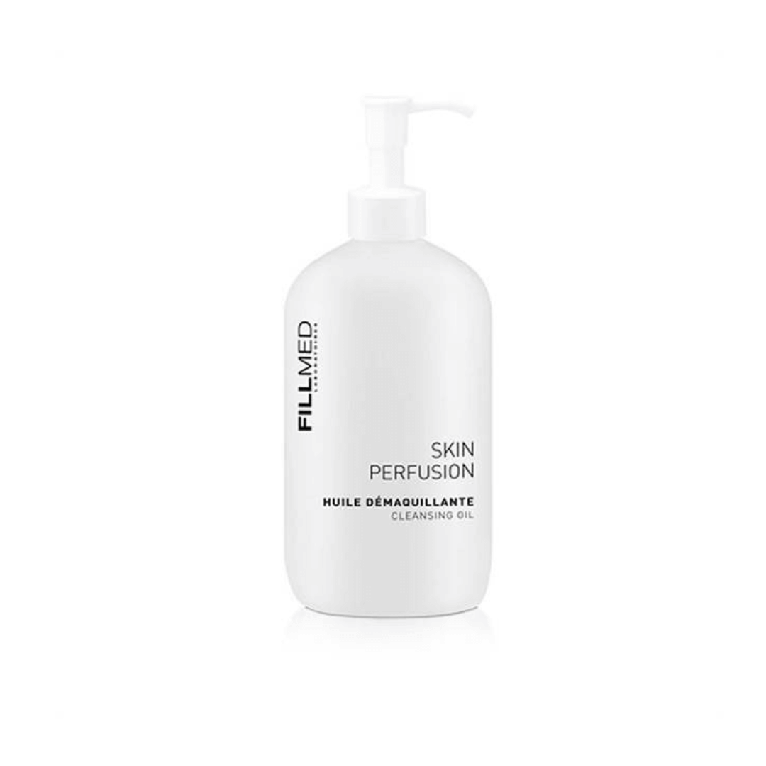 White bottle of Fillmed Skin Perfusion CAB Cleansing Oil 500ml, coconut-based oil that removes makeup and cleanses all skin types.